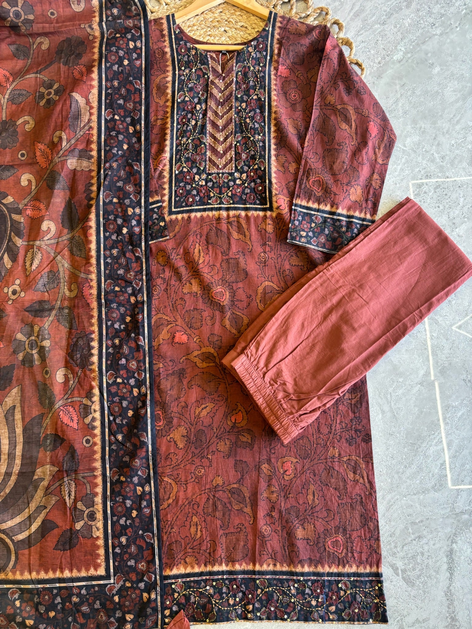 A1585 - Pure Cotton Kalamkari Kurti  with Pants & Dupatta