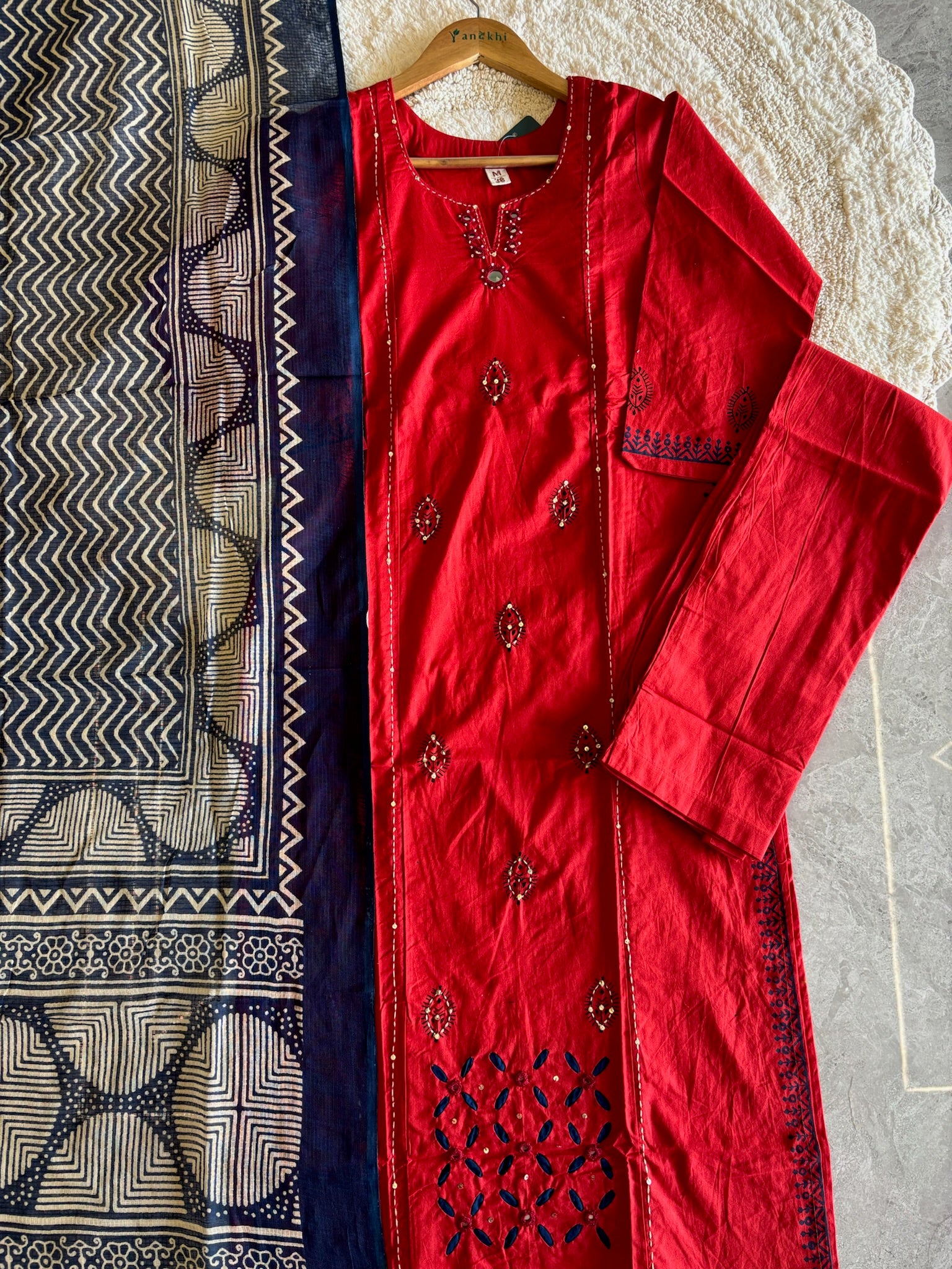 A4009- Pure Cotton Solid Kurti with minimal Katha Embroidery, Mirror Work & Applique Detailing matching Pants & Contrast Kota Doriya Dupatta.