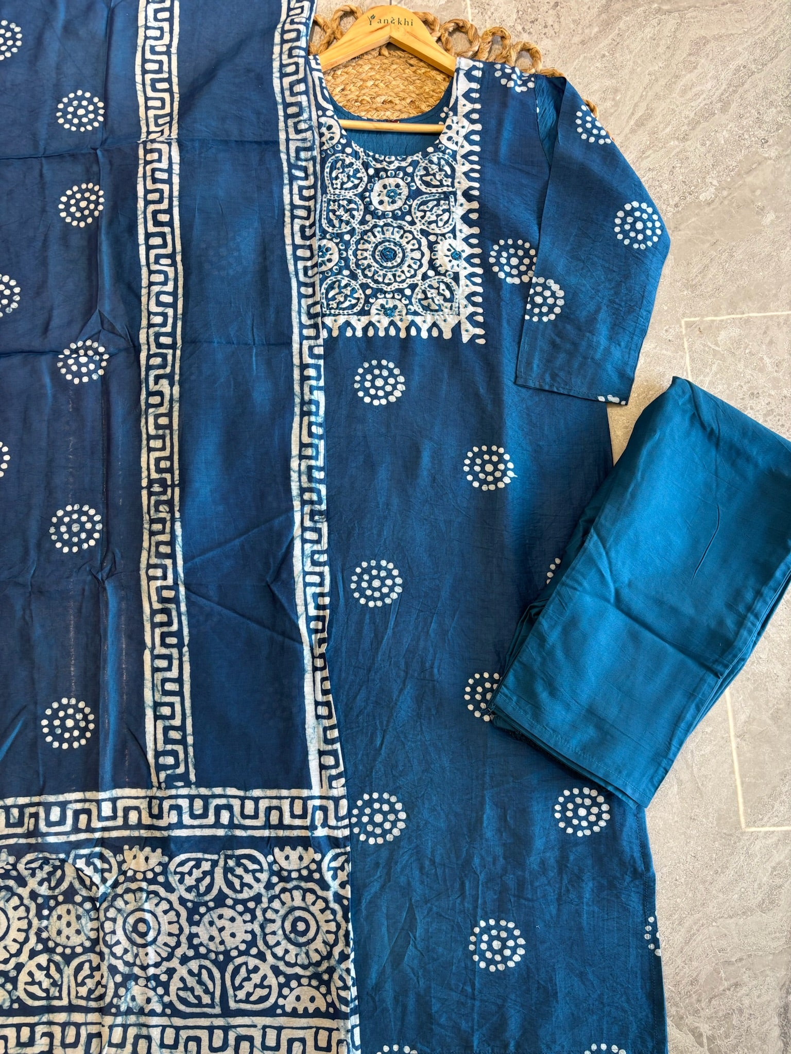 A3903- Hand Block Batik Print Silk Kurti with Pants & Dupatta.