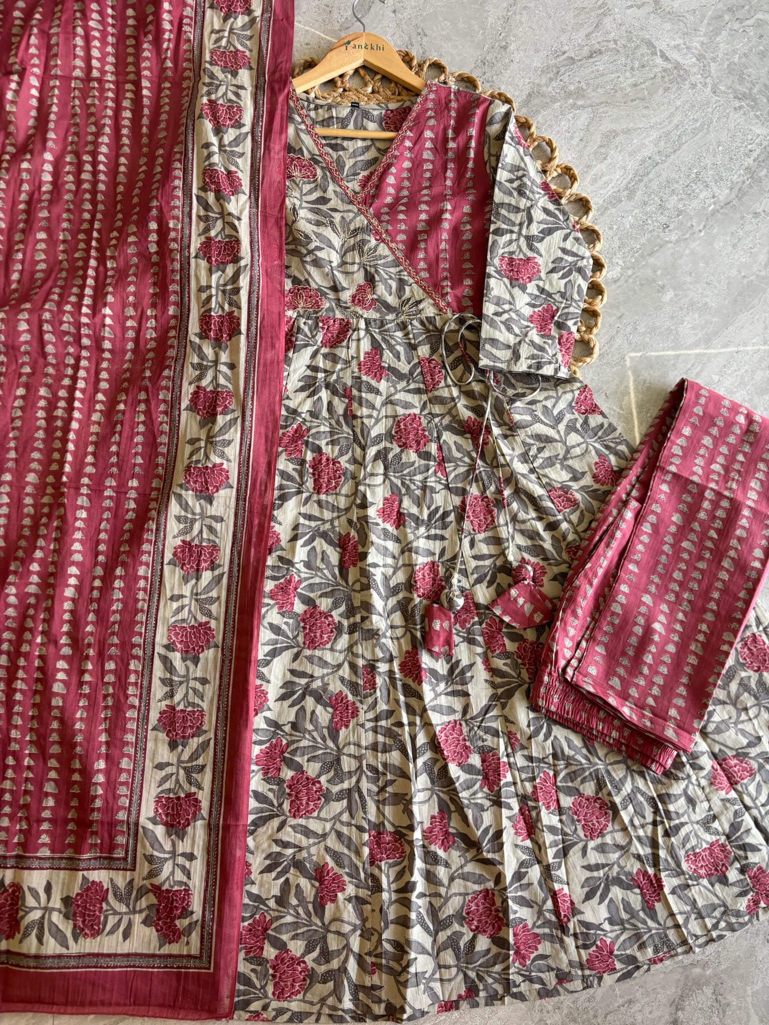 A3978- Pure Cotton Angarkha-style Anarkali Suit featuring Floral & Geometric prints, with Pants & Dupatta.