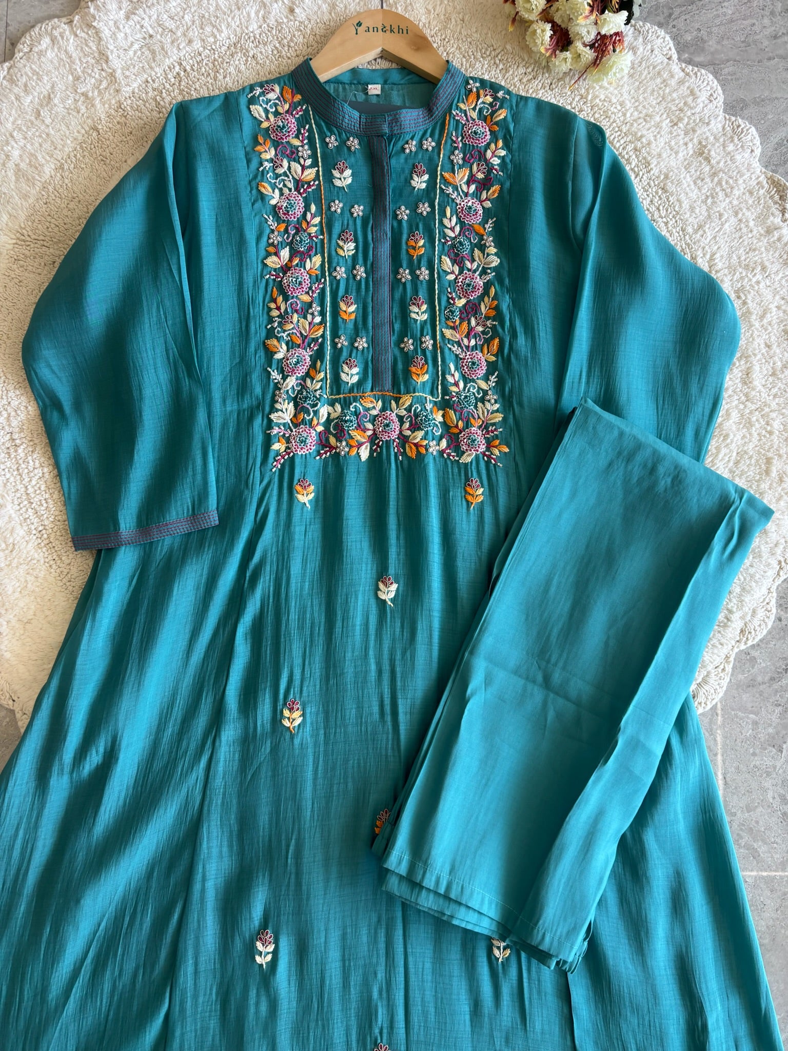A1644- Chanderi Silk A-Line Suit with Handwork on the Yoke & delicate motifs all over, paired with Pants and Embroidered Dupatta.