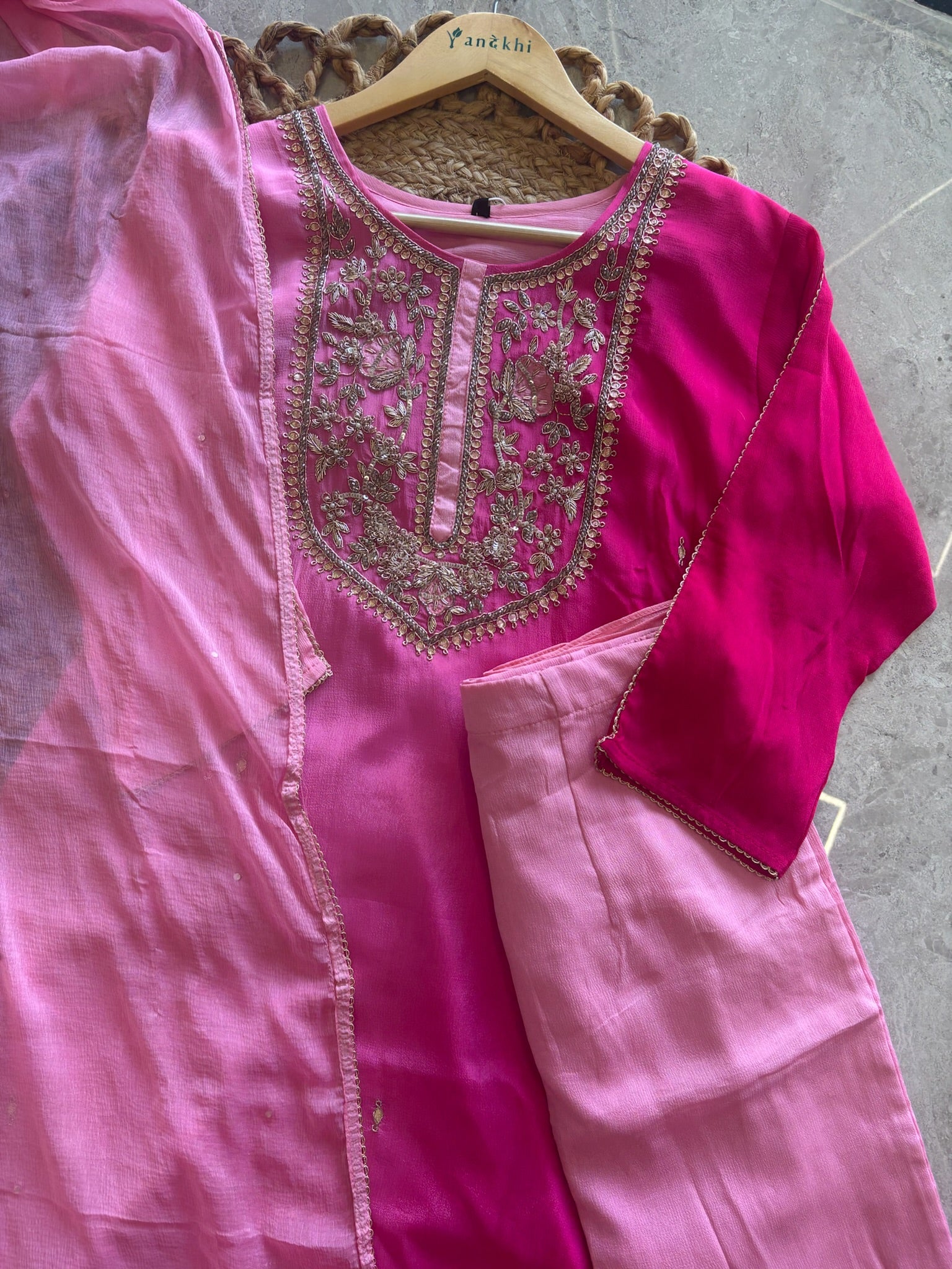 A1092 - Ombre Chinon Suit with Handwork Yoke Pants & Dupatta