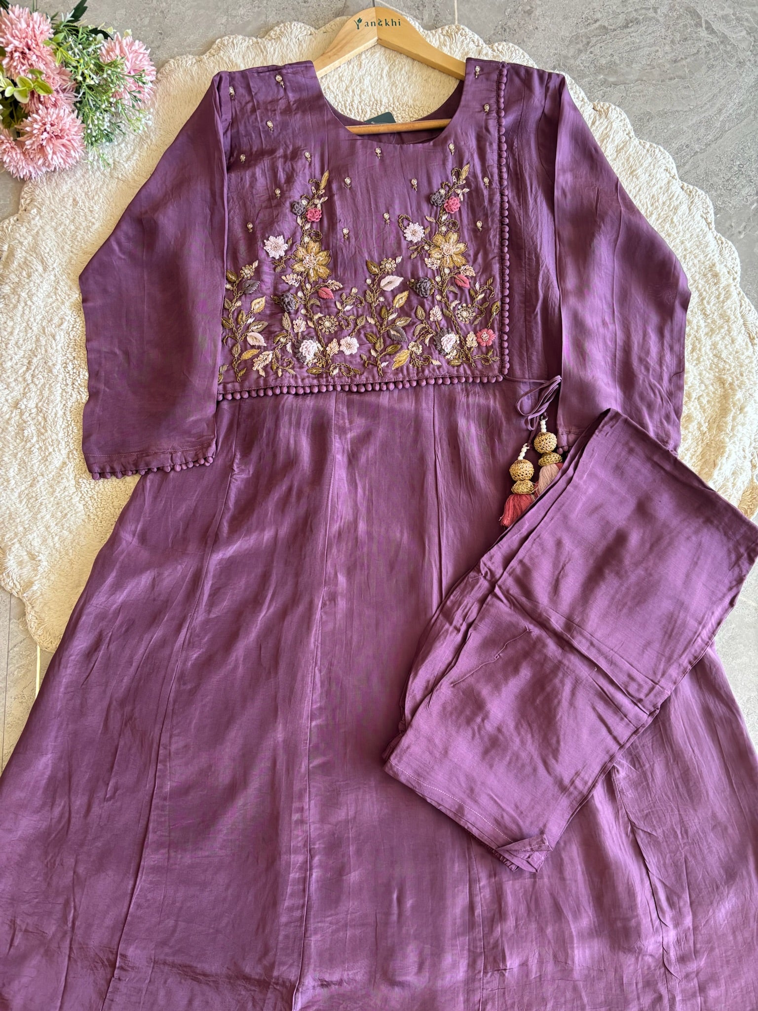 A2642- HO Silk A-Line Suit featuring an Overlap Jacket-Style Hand Embroidered Heavy, Paired with Pants & a Dupatta.