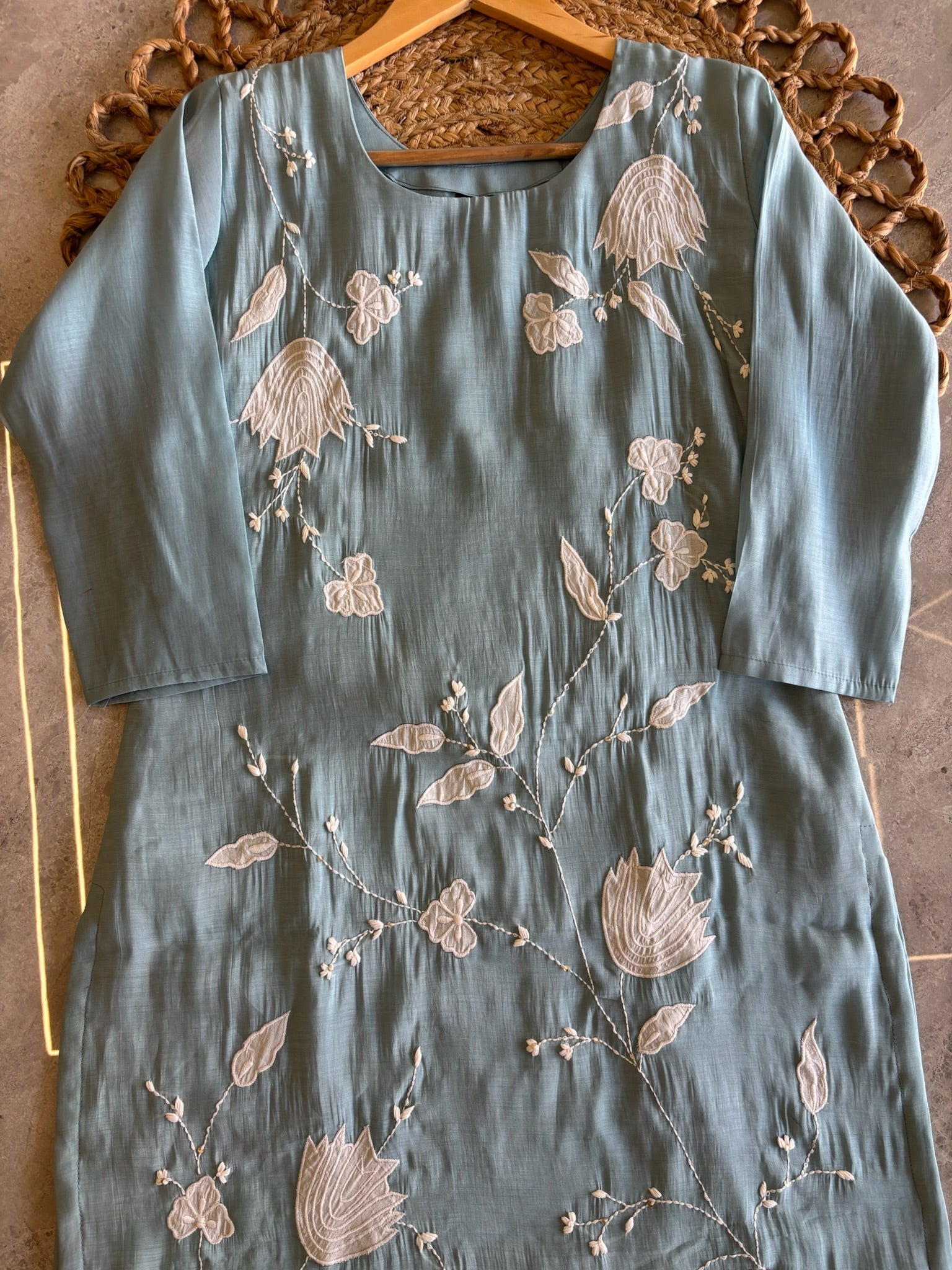 A3899 - Chanderi Silk Short Kurti with Appliqué work, Flared Plazo & Dupatta.
