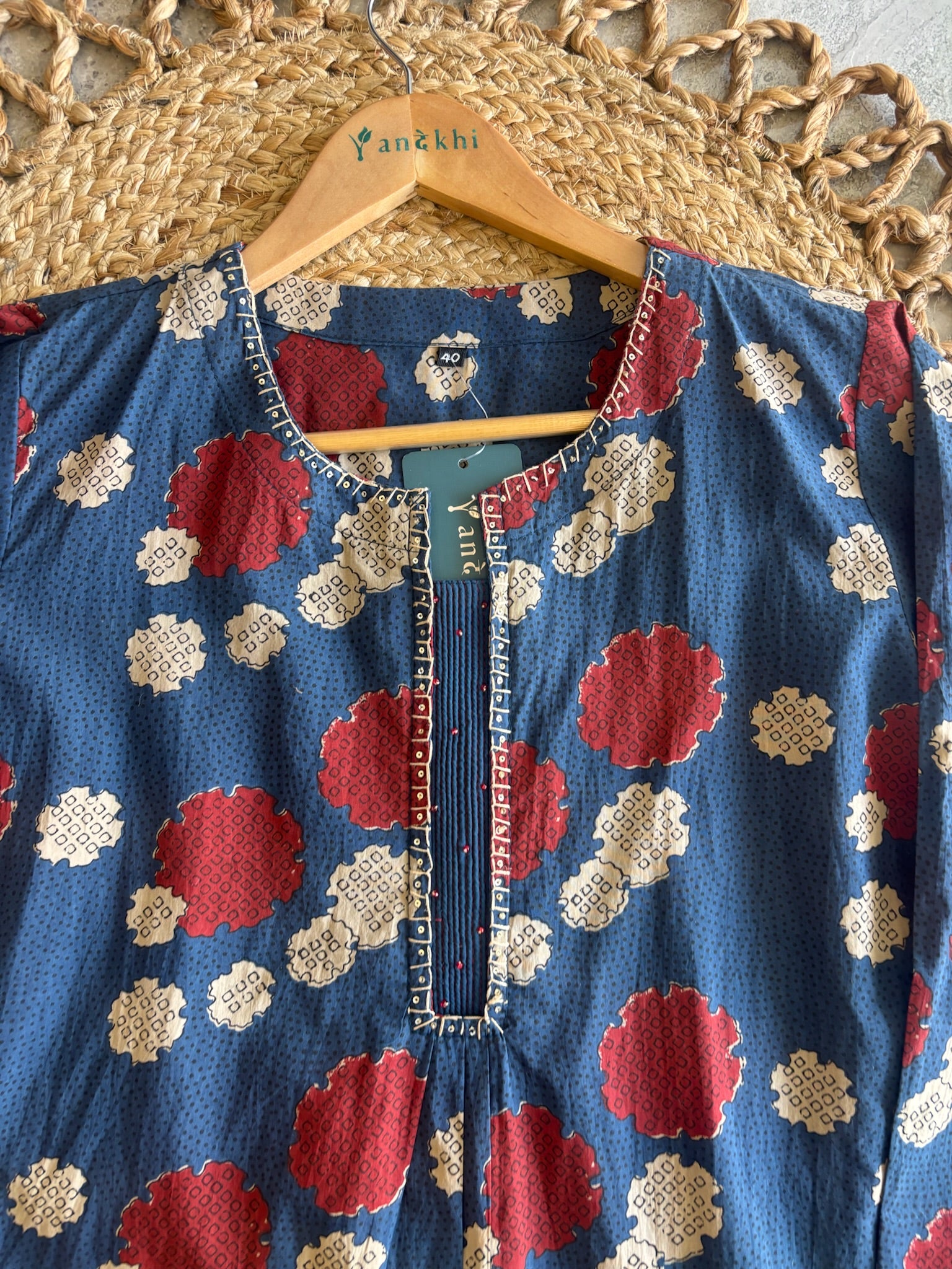 A3904 - Indigo Cotton Kurti with Bold Prints, Shaded Dupatta & Pants.