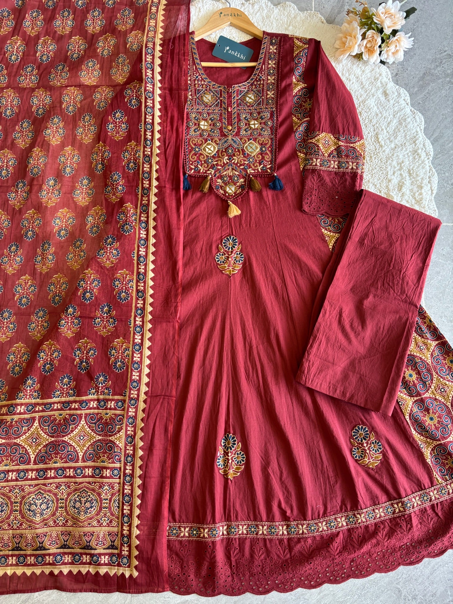 A3948- Pure Cotton Solid Anarkali Suit with Embroidered Yoke, Ajrakh-inspired Printed Accents, matching Pants & Printed Dupatta.