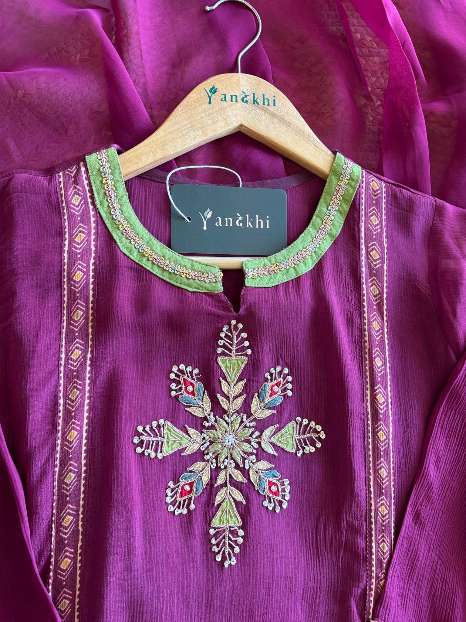 A1124 - Pure Chinon A- lign Kurti with Embroidery and contrast detailing, paired with Plazo Pants and Dupatta.