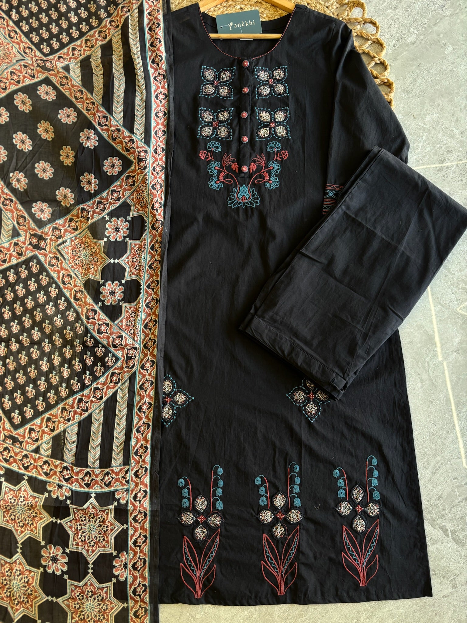 A4035 - Black Embroidered Suit set with a Statement Patchwork Printed Dupatta.