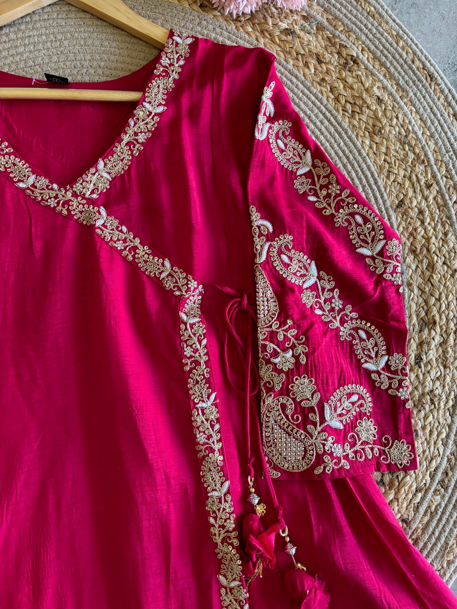 A4150- Dola Silk Angrakha Suit featuring all-over Embroidery, heavily embellished Sleeves, Matching Pants, & Embroidered Heavy Dupatta.