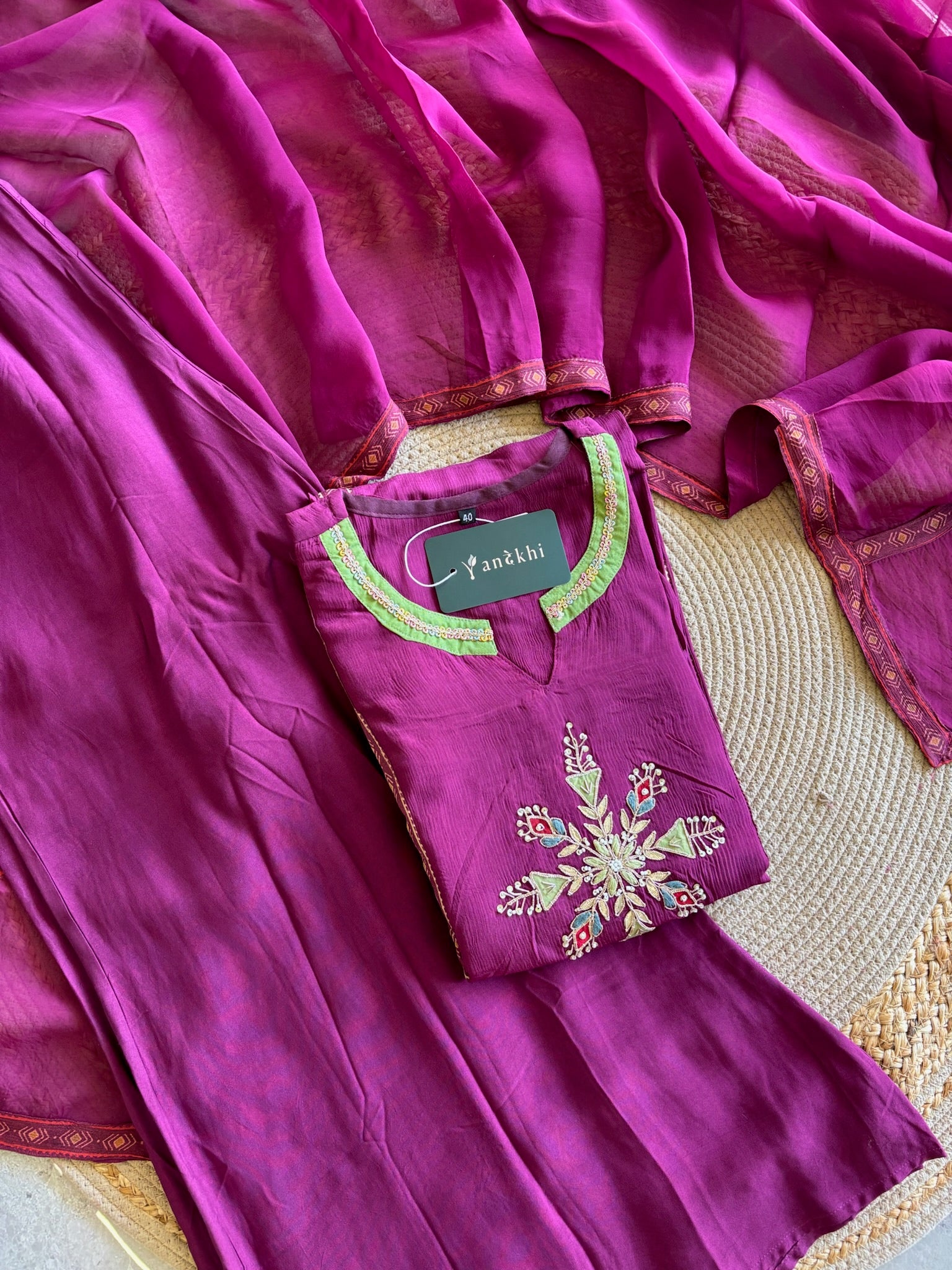 A1124 - Pure Chinon A- lign Kurti with Embroidery and contrast detailing, paired with Plazo Pants and Dupatta.