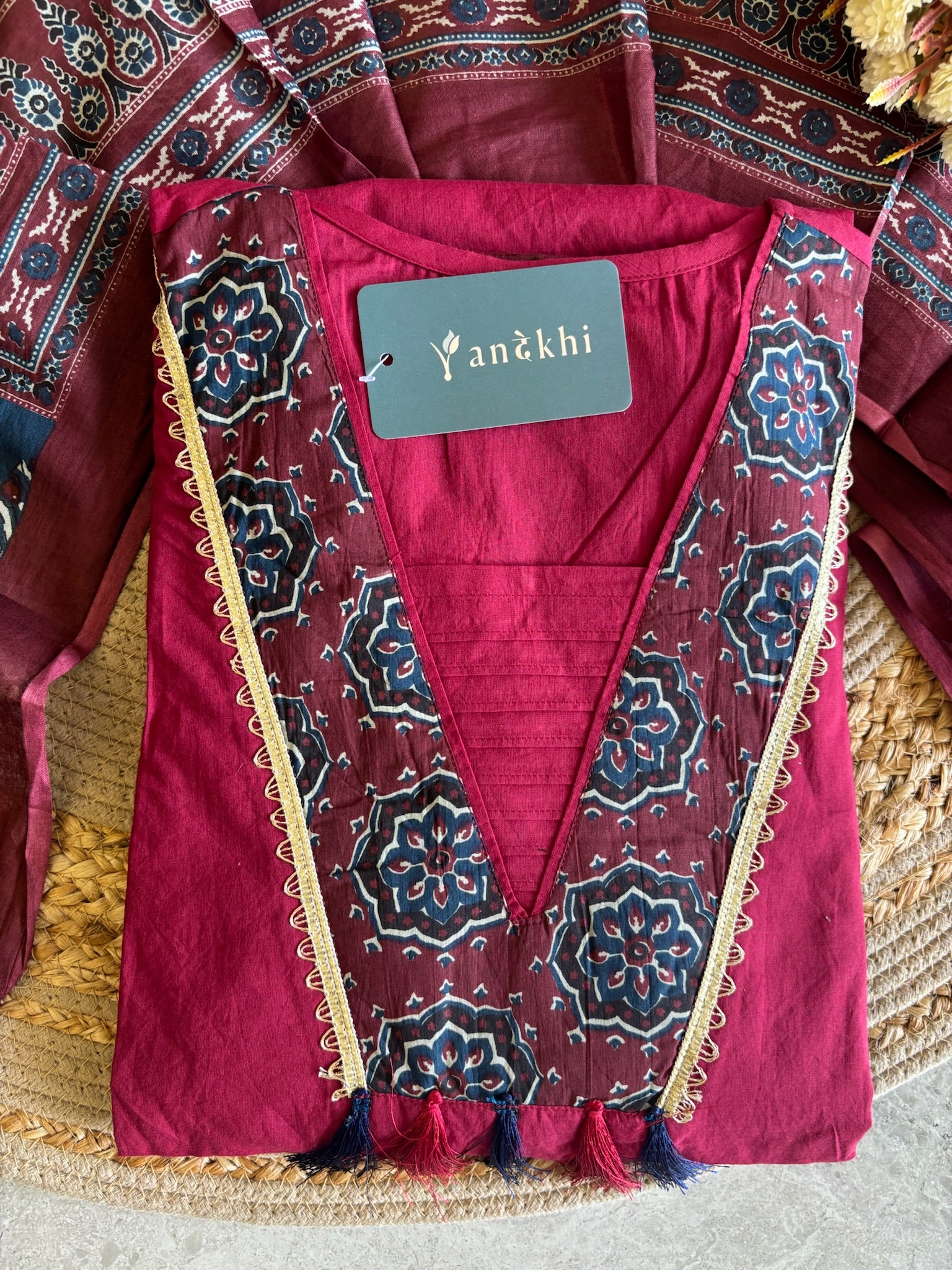 A4024- Pure Cotton Kurti with Statement Yoke Design and Tassels, Printed Pants & Dupatta.
