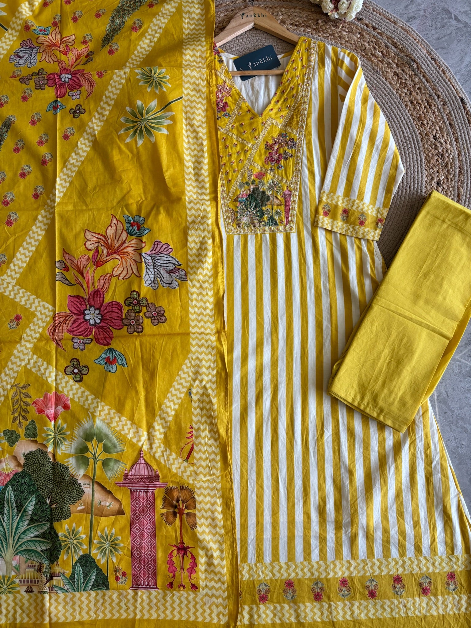 A4048- Pure Cotton A-Line Suit with Yoke Detailing delicate Embroidery, paired with Pants & a Vibrant Digital Printed Dupatta.