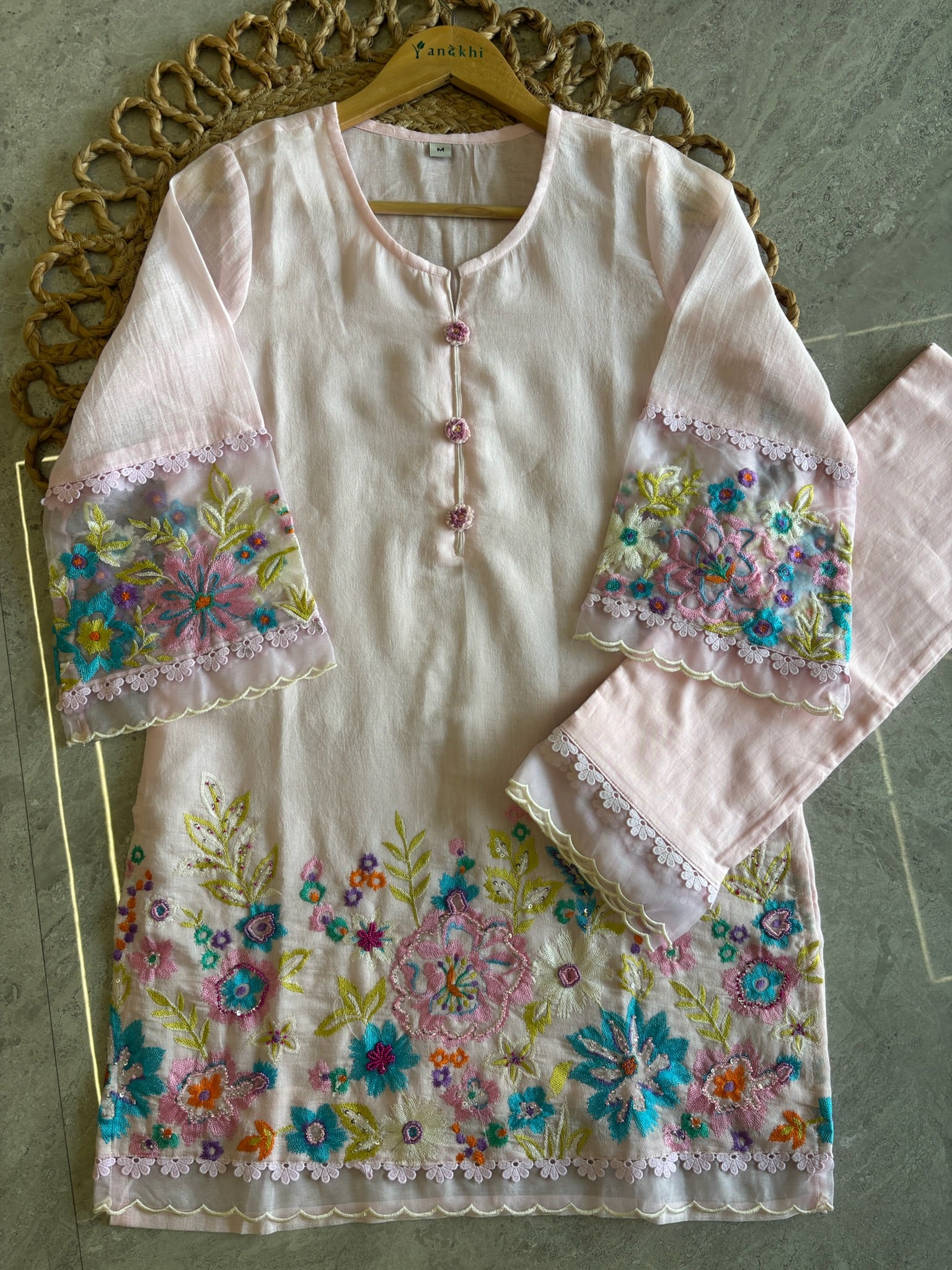 A4162- Linen Co-Ord Set with Vibrant Multi Colour Embroidery & delicate Lace Detailing.