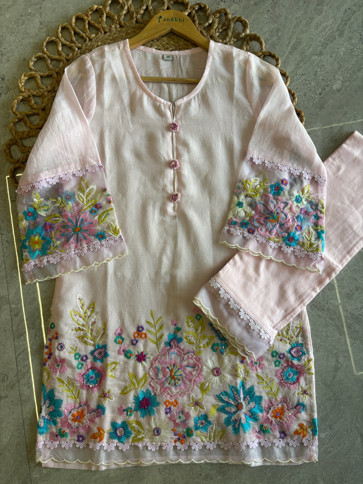 A4162- Linen Co-Ord Set with Vibrant Multi Colour Embroidery & delicate Lace Detailing.