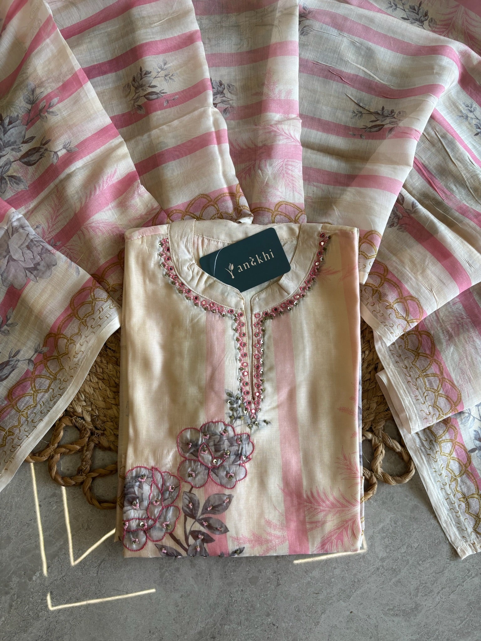 A3920- Muslin Kurti with Stripe Prints & Minimal Handwork detailing, paired with Pants & Dupatta