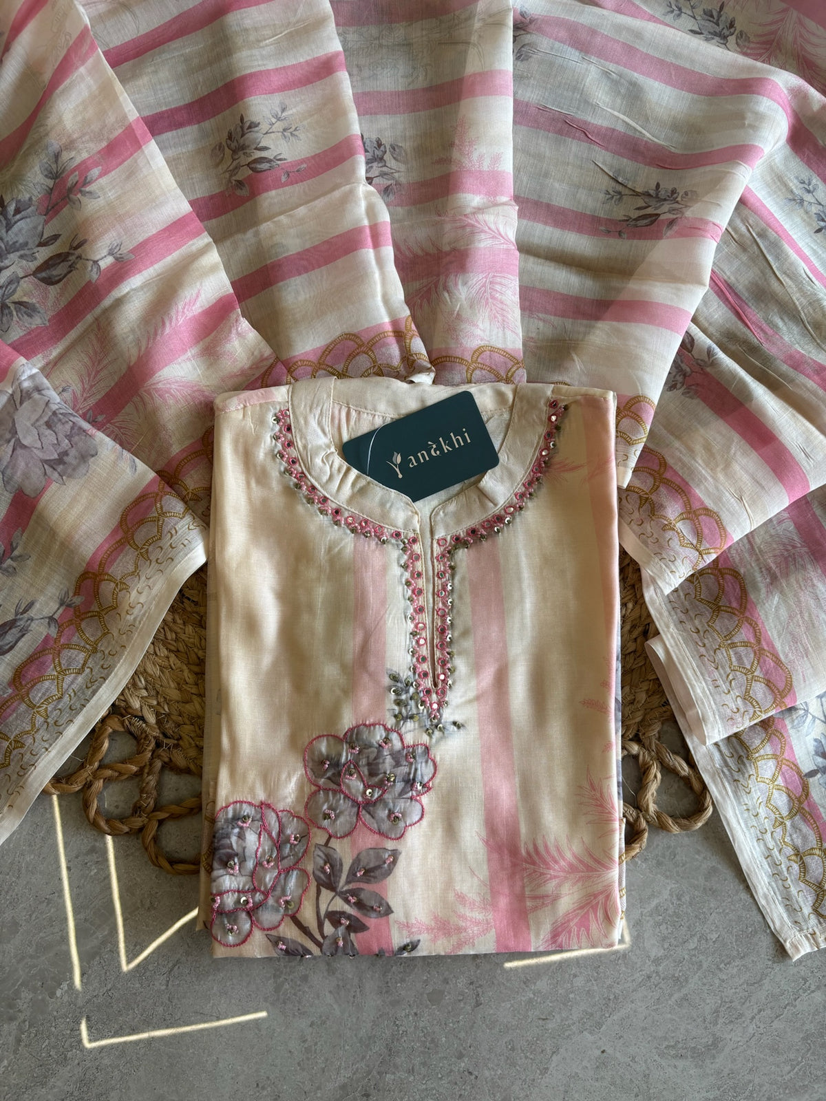 A3920- Muslin Kurti with Stripe Prints & Minimal Handwork detailing, paired with Pants & Dupatta