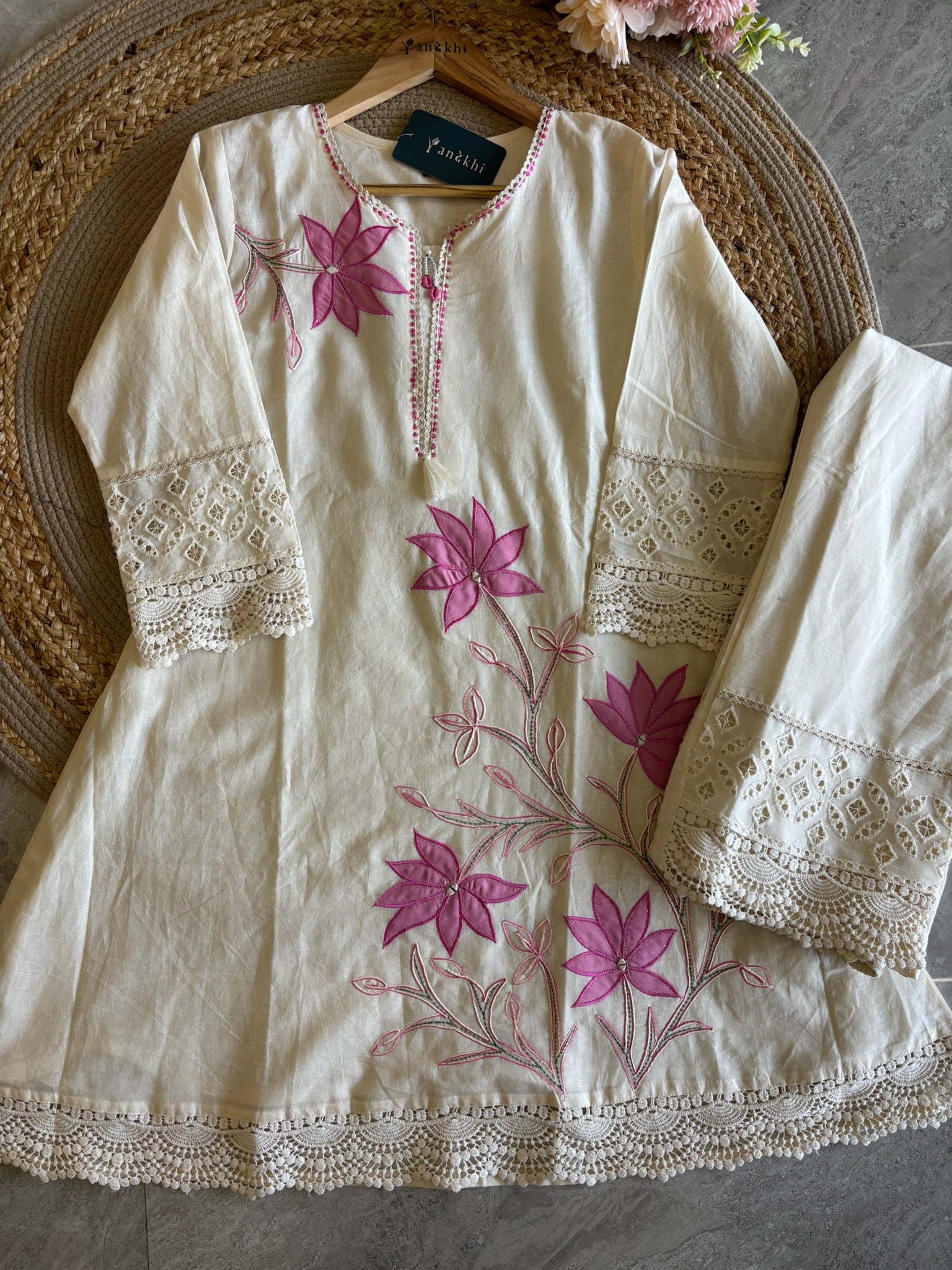 A4058 - Pure Cotton Short A-Line Top Set featuring Intricate Floral Applique Embroidery & Delicate Crochet Lace Detailing, paired with Palazzo Pants & an Elegant Jamdani Dupatta.