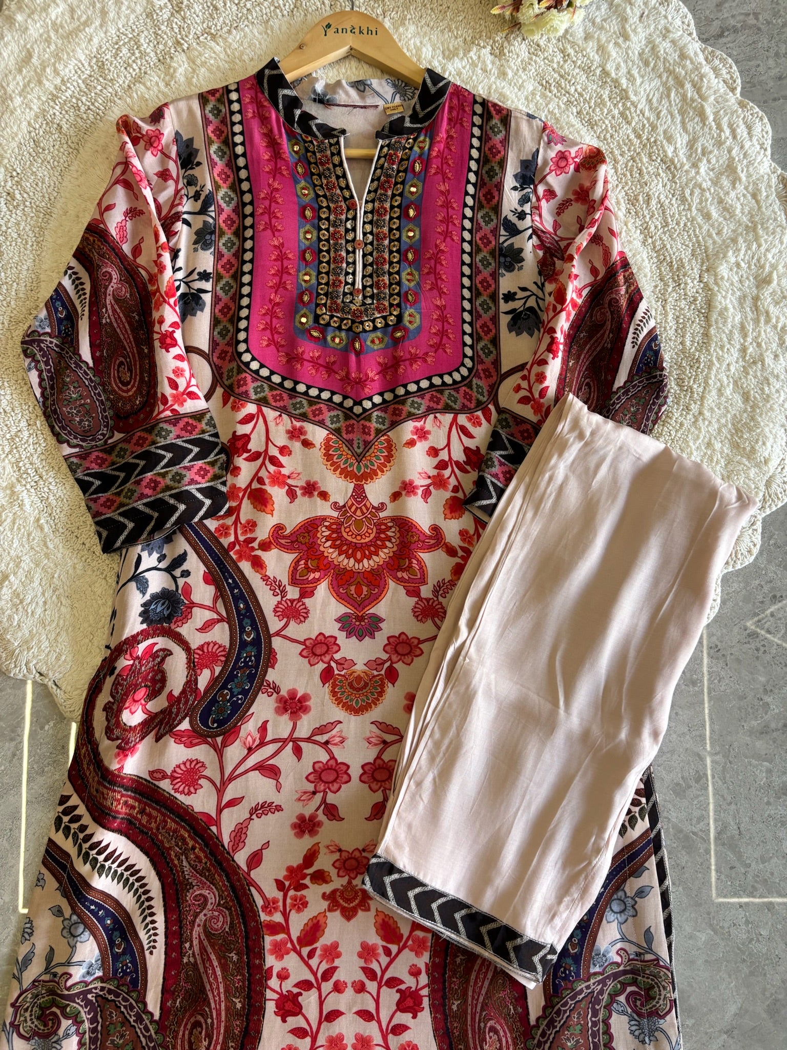 A2686- Pure Italian Silk Suit featuring Vibrant Floral & Paisley Prints with elegant Neckline Detailing, paired with Pants & Dupatta.