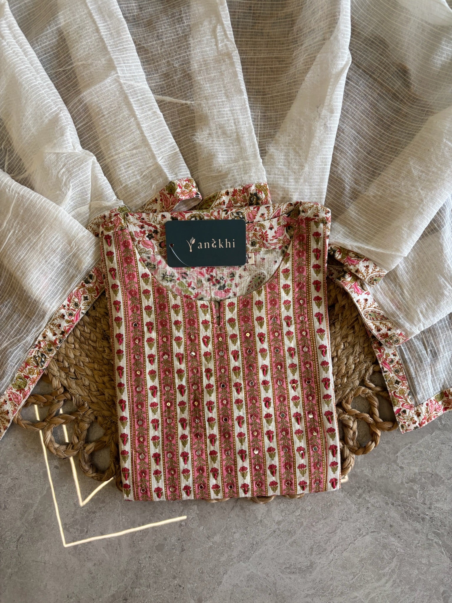 A4047- Pure Cotton Suit with Mirror & Tassel details, Pants & Contrast Kota Doriya Dupatta