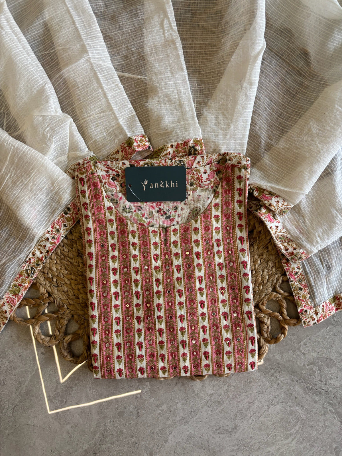 A4047- Pure Cotton Suit with Mirror & Tassel details, Pants & Contrast Kota Doriya Dupatta