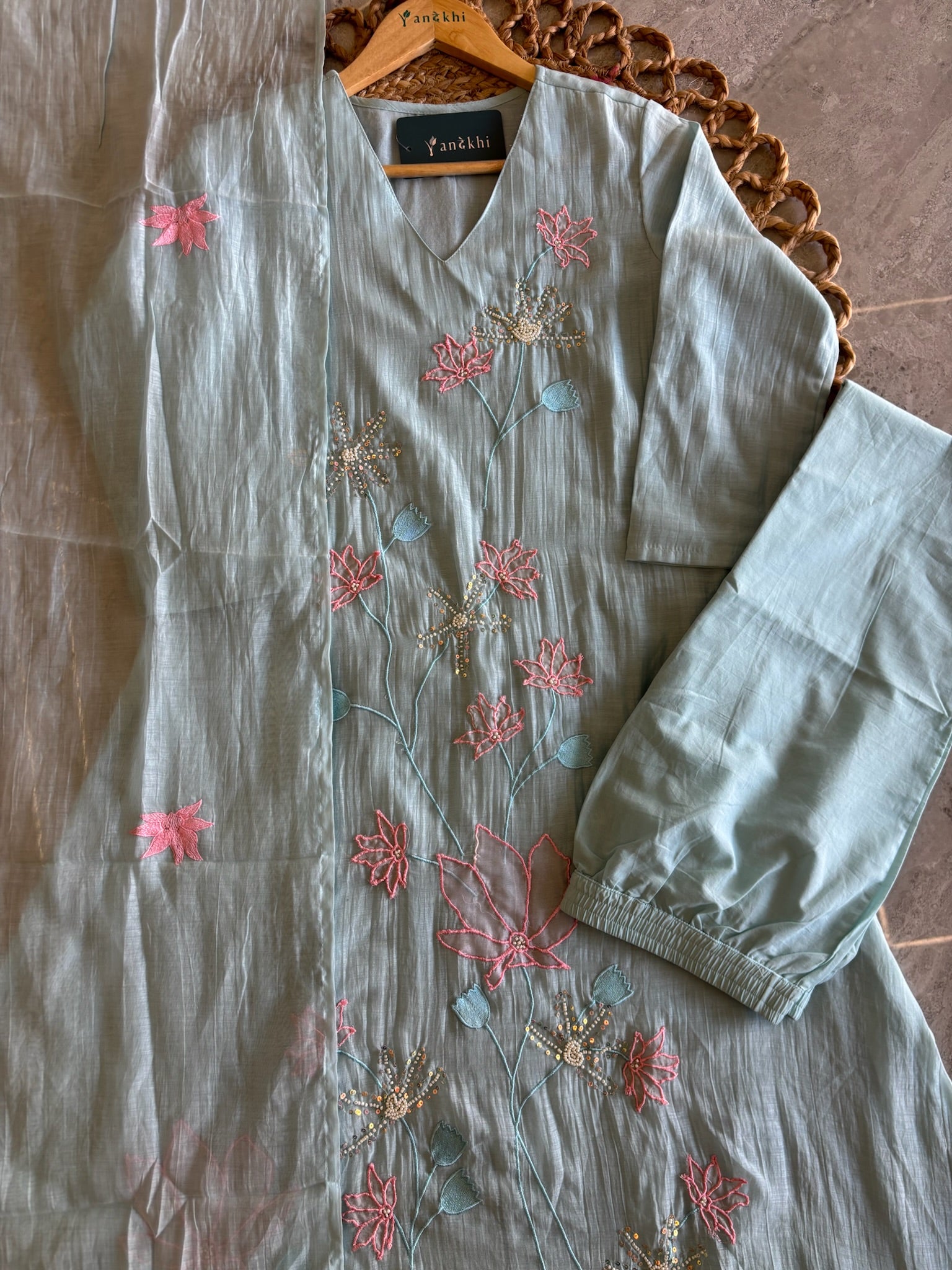 A4145 - Pure Mul Chanderi Kurti with delicate embroidery & beadwork, paired with Pants and Dupatta.