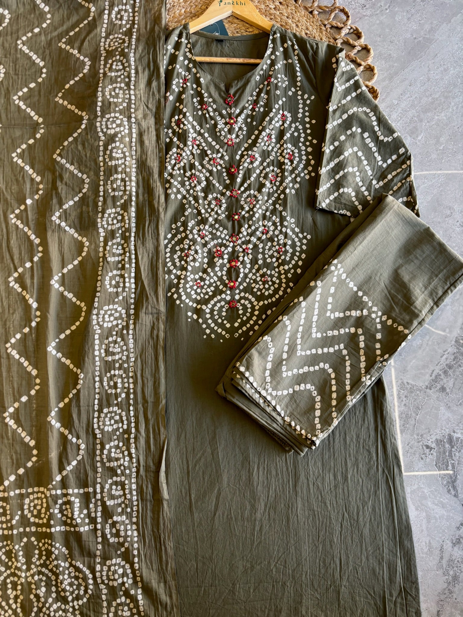 A3941- Pure Cotton Bandhani Suit With Knot-Detailed Yoke, Pants & Printed Dupatta.