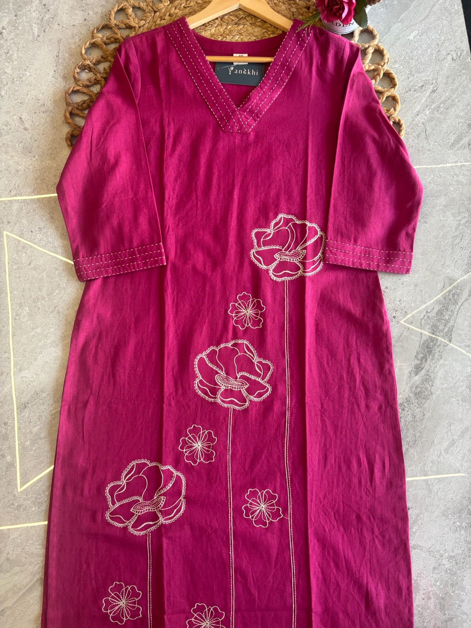 A2813 - Khadi Cotton Kurti & Pant Set with Contrast Thread Detailing