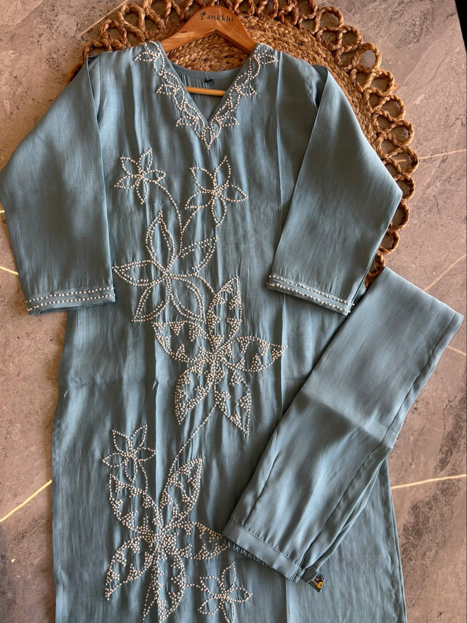 A2849 - Chanderi Silk Kurti with delicate Hand Embroidery, Pants & Dupatta.