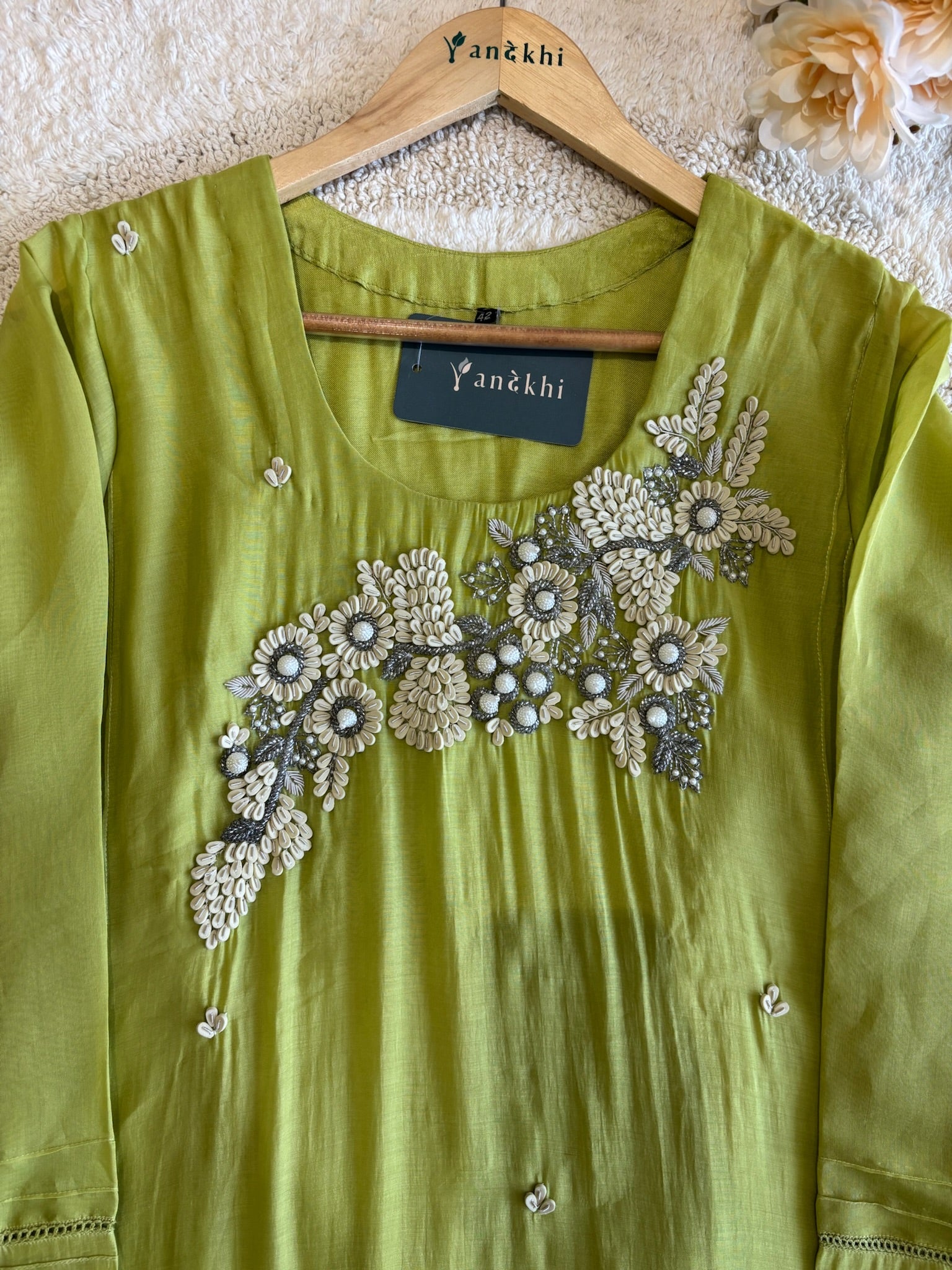 A1664 -Pure Mul Chanderi A-Line Suit featuring 3D Floral Handwork on the Neckline, paired with Pants & Organza Dupatta.