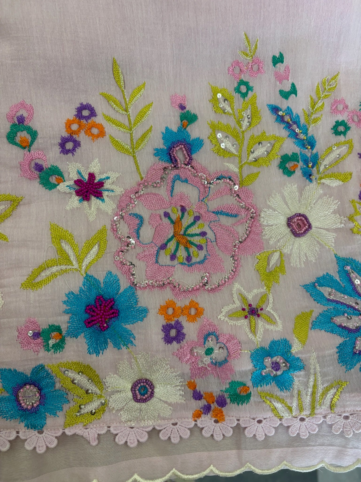 A4162- Linen Co-Ord Set with Vibrant Multi Colour Embroidery & delicate Lace Detailing.