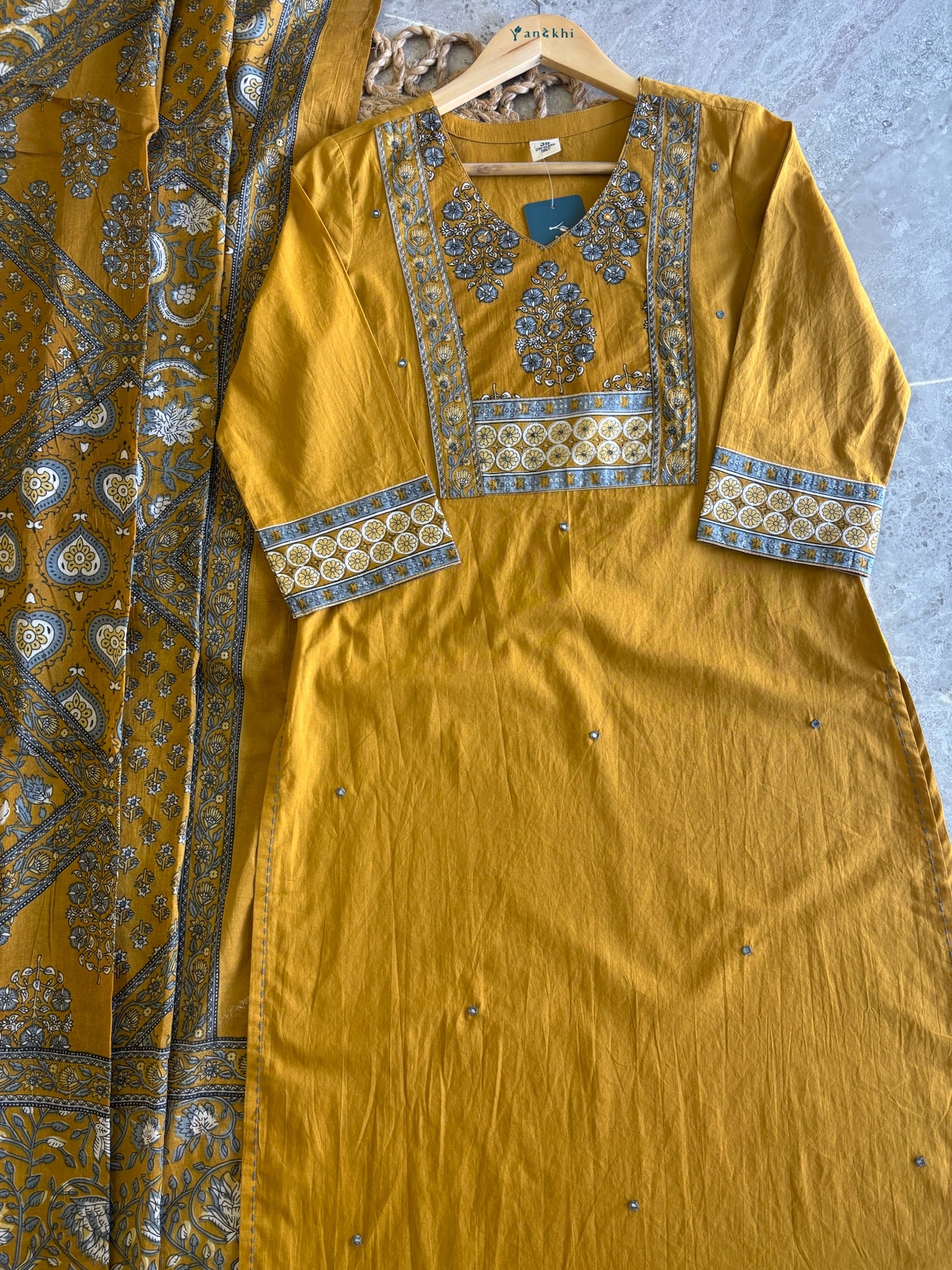 A2814 - Pure Cotton Suit set with an intricately Printed Yoke, coordinated printed bottoms.