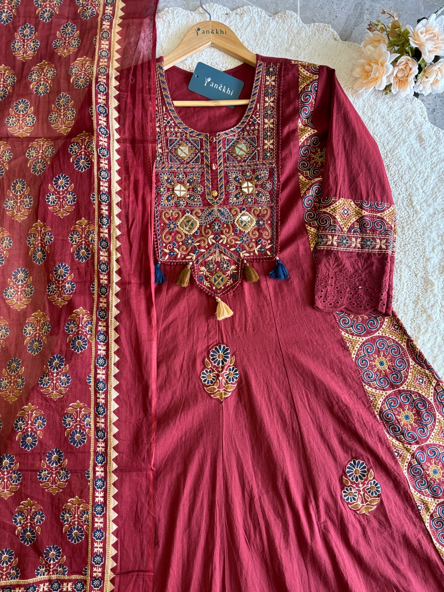 A3948- Pure Cotton Solid Anarkali Suit with Embroidered Yoke, Ajrakh-inspired Printed Accents, matching Pants & Printed Dupatta.