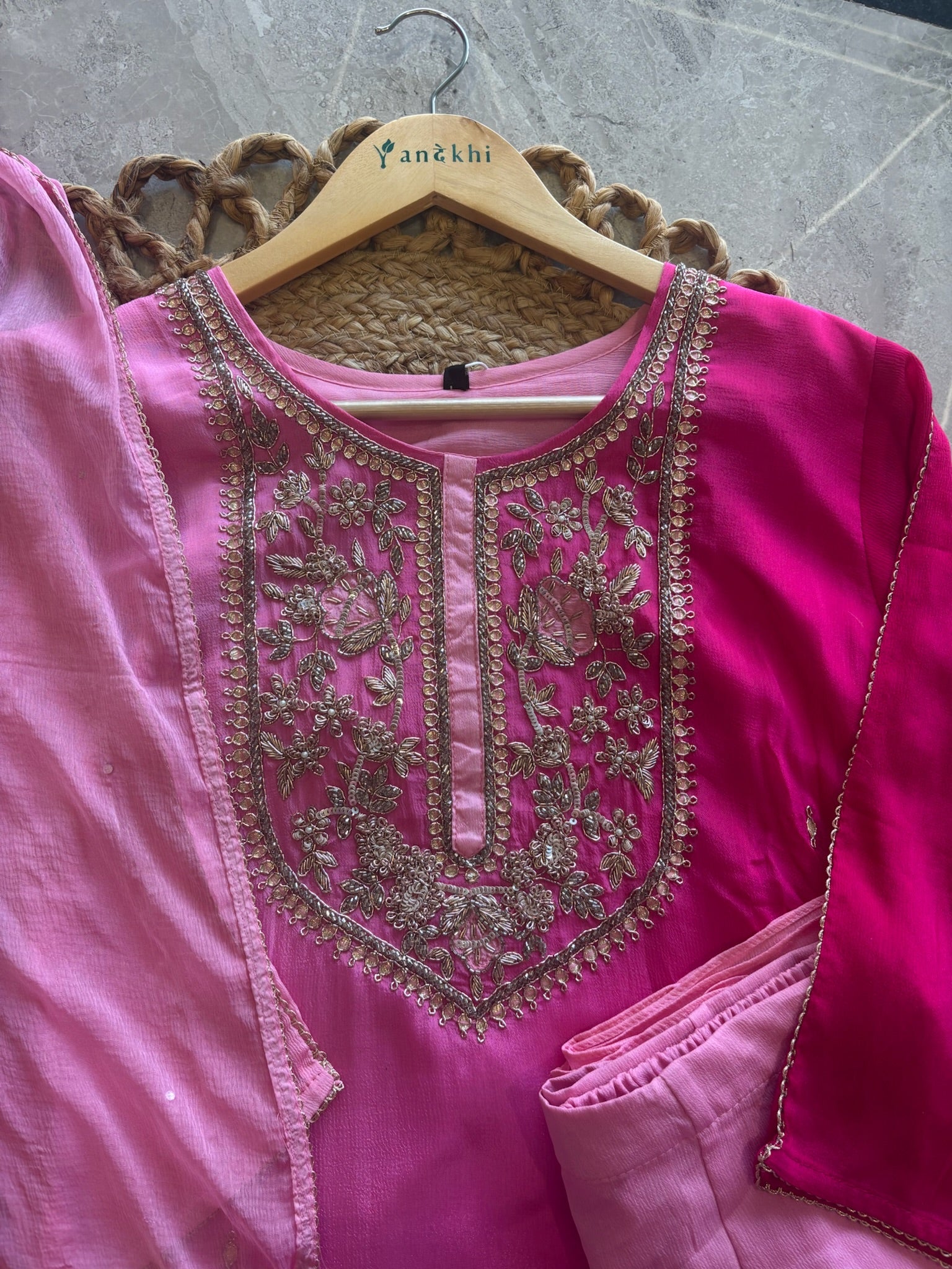 A1092 - Ombre Chinon Suit with Handwork Yoke Pants & Dupatta