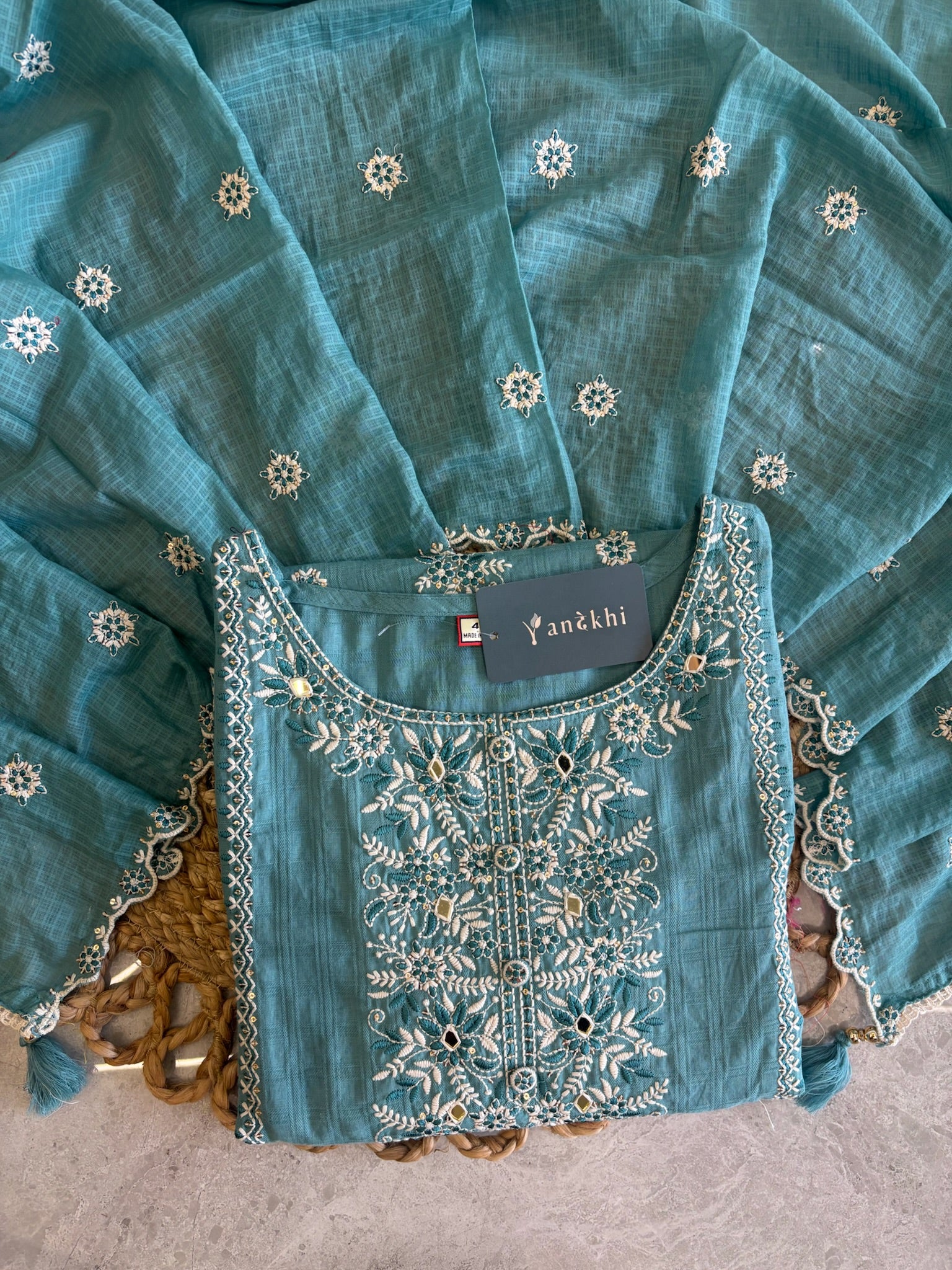 A4015 - Mul Cotton Embroidered suit with Designer Pants & a detailed Heavy Dupatta.