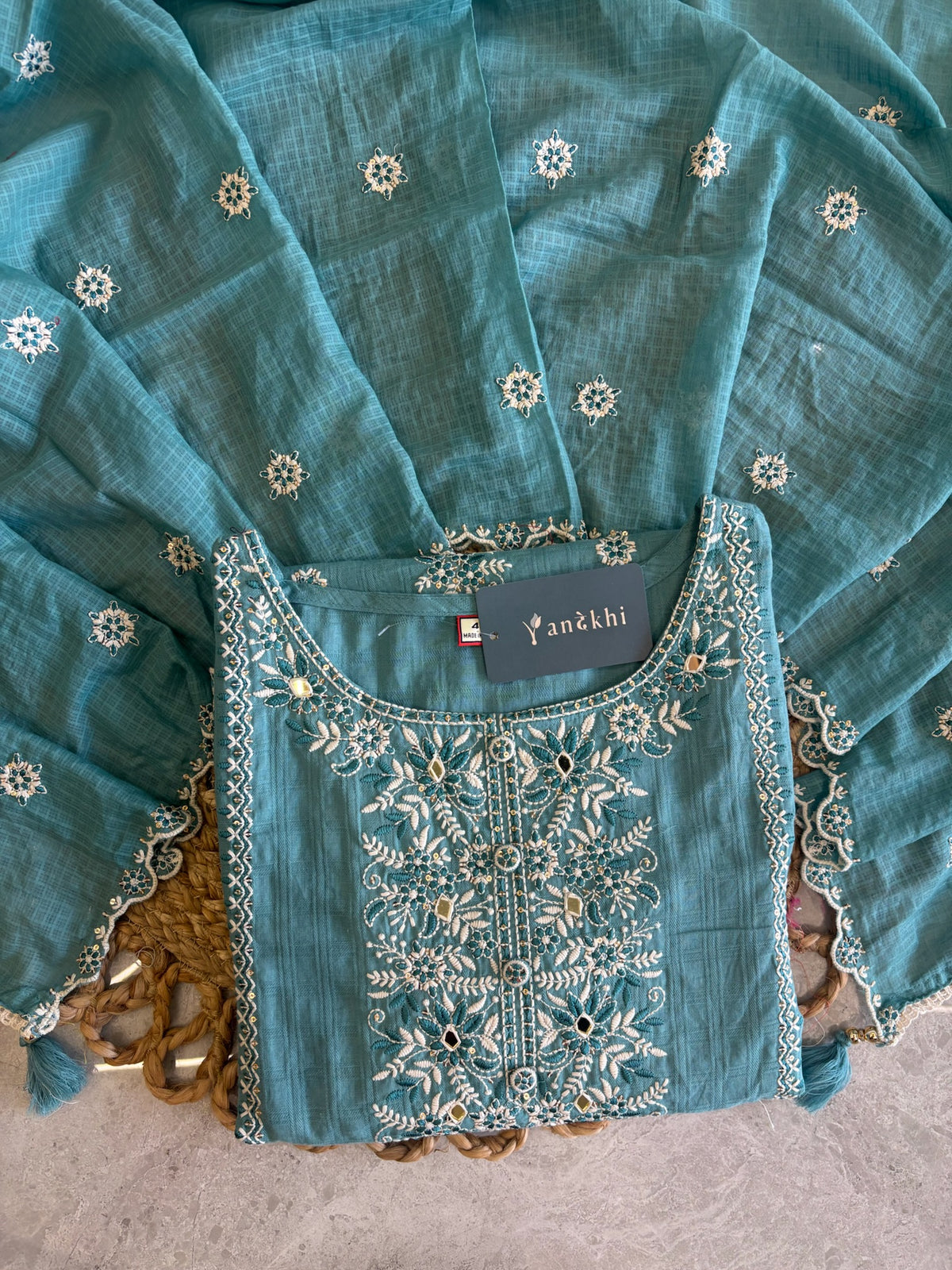 A4015 - Mul Cotton Embroidered suit with Designer Pants & a detailed Heavy Dupatta.