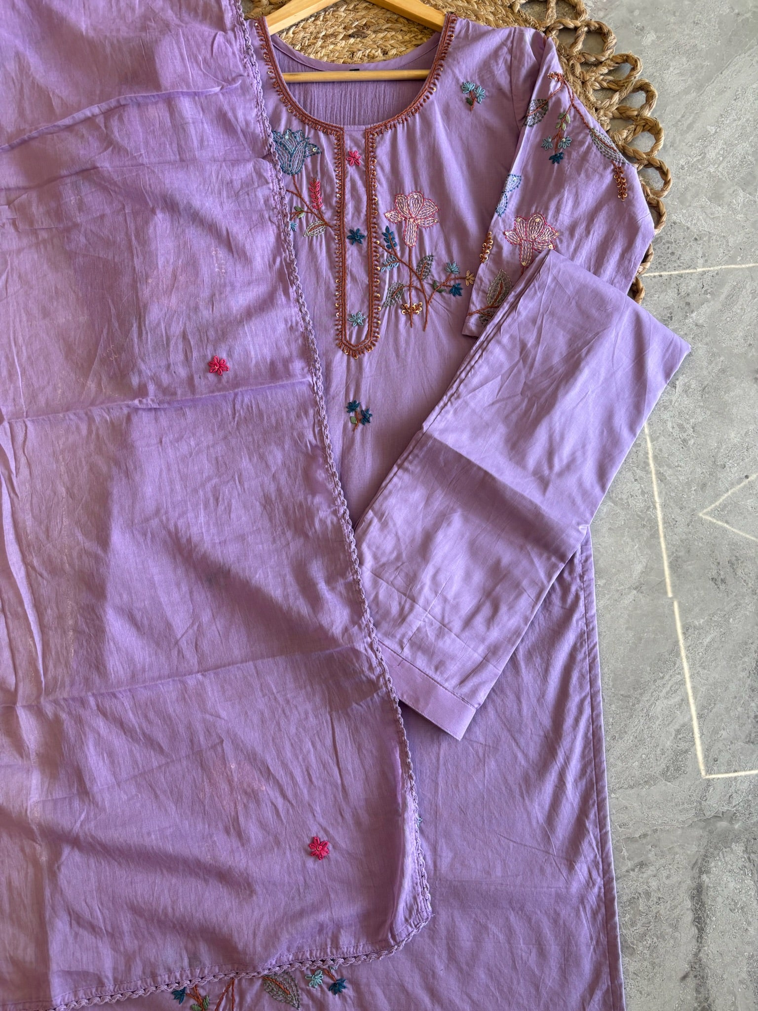 A3895 - Mul Cotton Kurti with Katha Embroidery, paired with pants & dupatta.