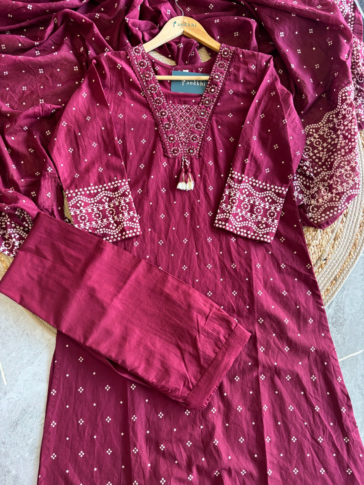 A2850 - Pure Cotton Bandhani Print Kurti with Embroidered Neckline.