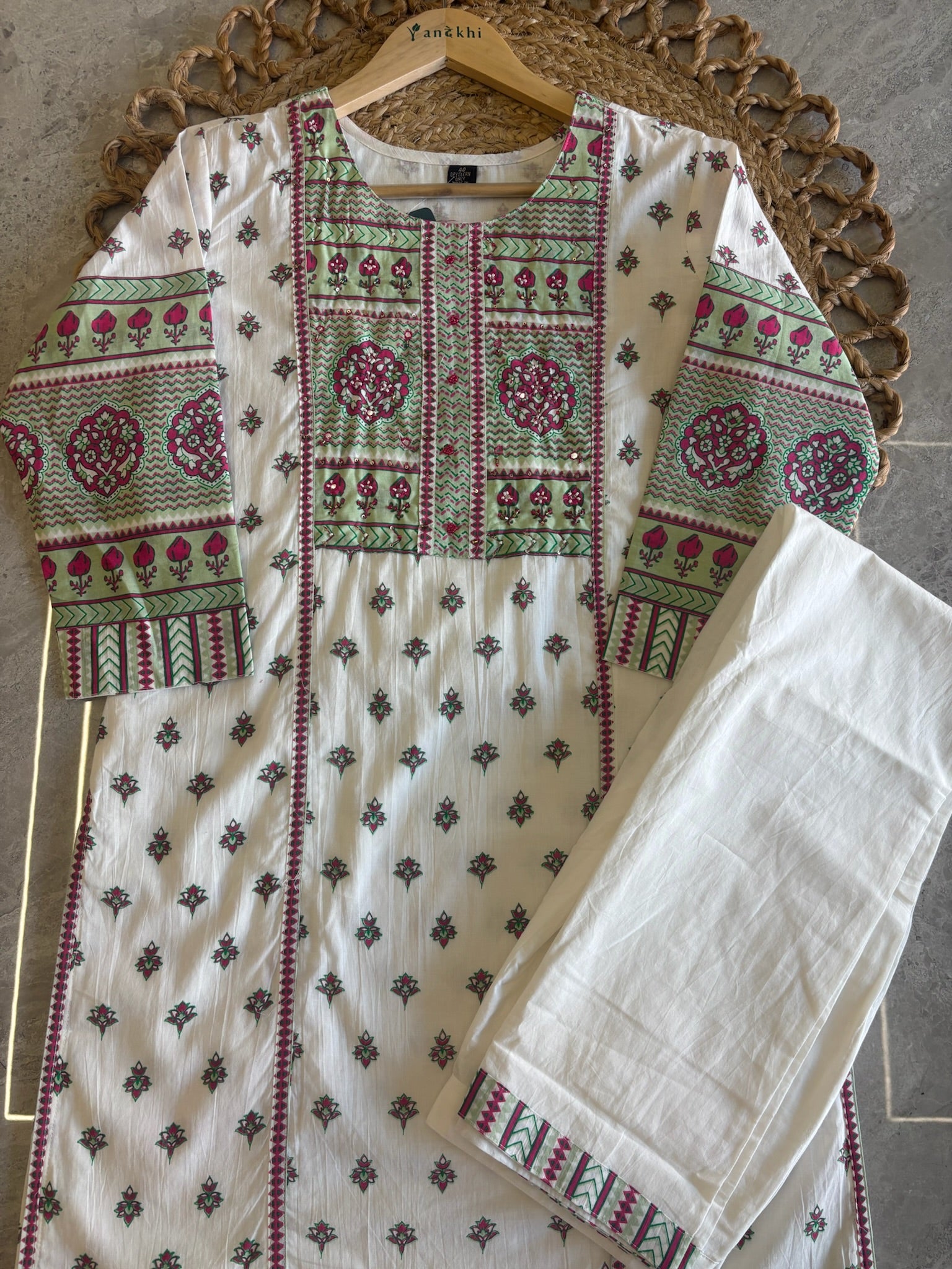 A3896 - Pure Cotton Suit Set with Floral Block Print & Mul Mul Dupatta
