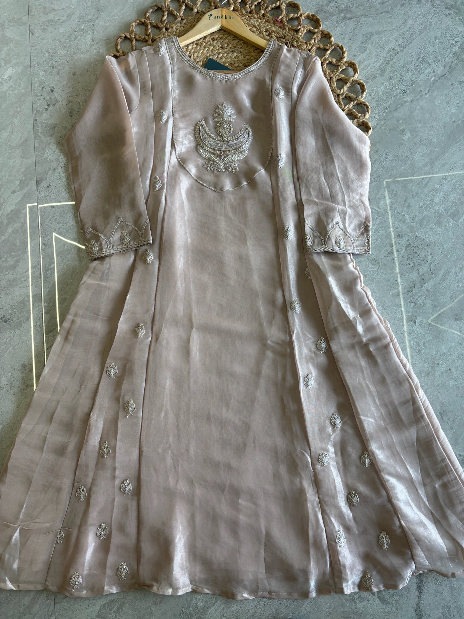 A4152- Tissue Silk Zari Anarkali Set with Zari Embroidery on the yoke & Booti all over, with Pants & Dupatta