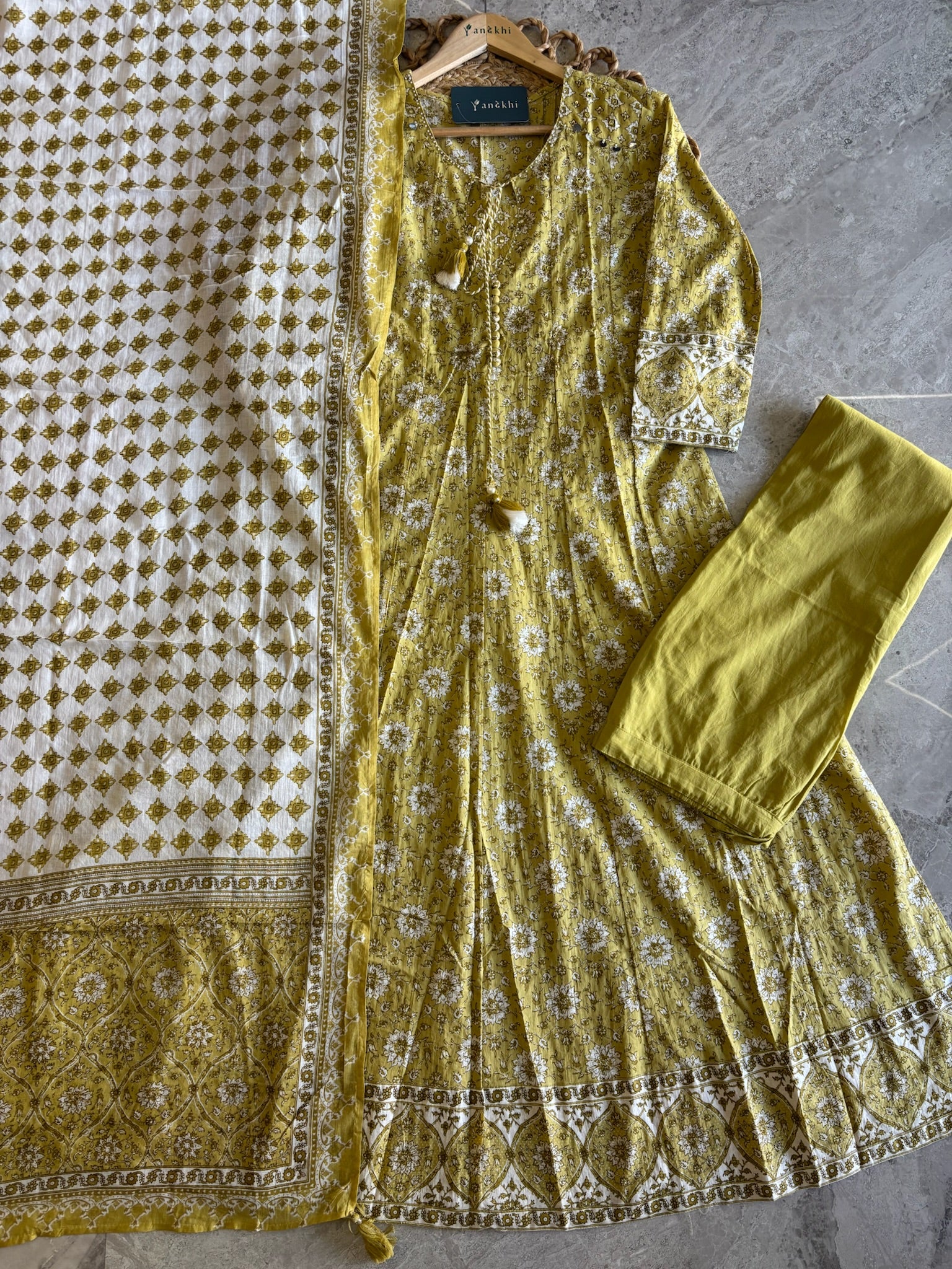A4016- Pure Cotton Printed Anarkali Suit paired with Pants & Contrast Printed Dupatta.