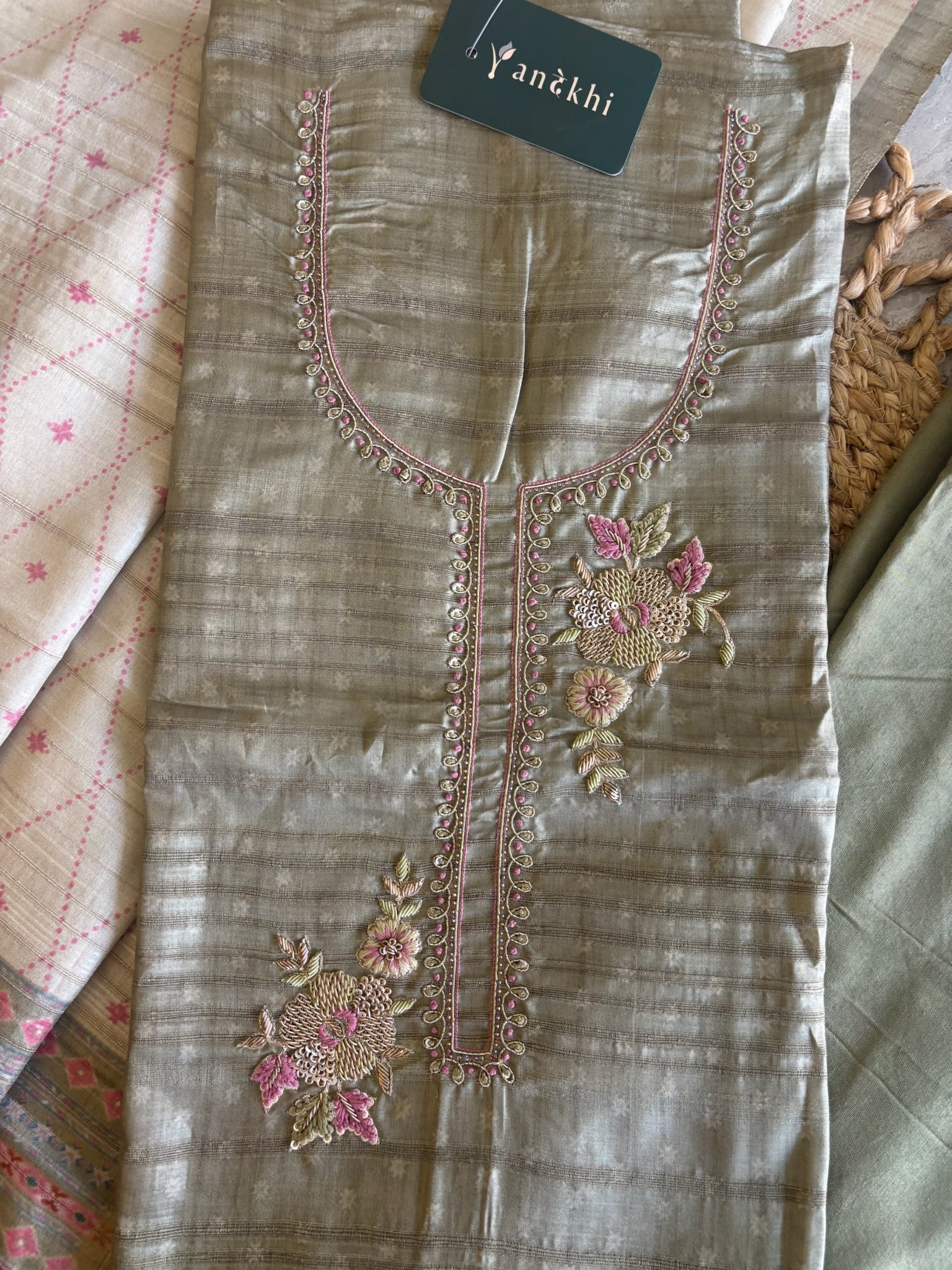 A1180 - Tussar Silk Unstitched Suit with Zardosi Handwork