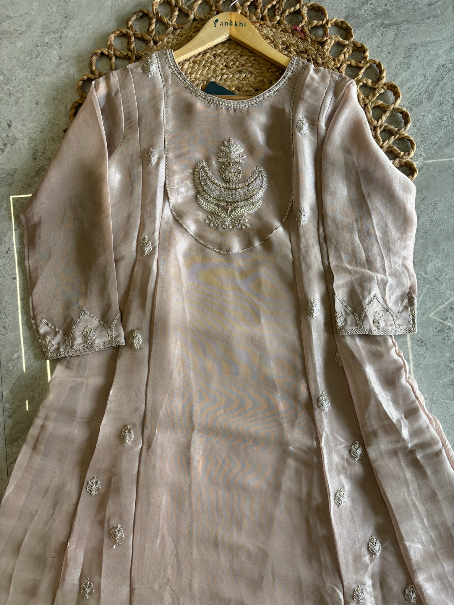 A4152- Tissue Silk Zari Anarkali Set with Zari Embroidery on the yoke & Booti all over, with Pants & Dupatta