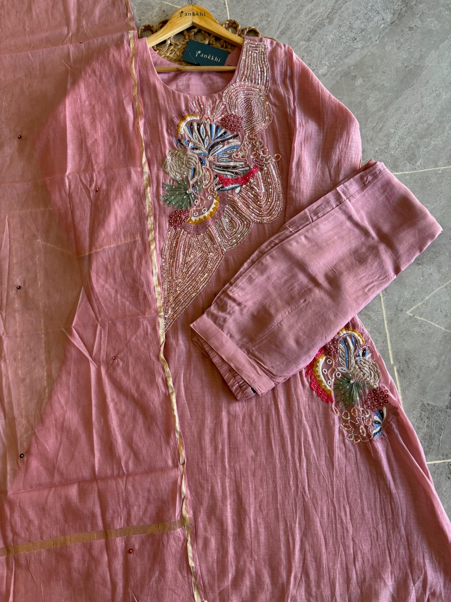 A4144 - Mul Chanderi Kurti with Heavy Handwork, paired with Pants & Dupatta.