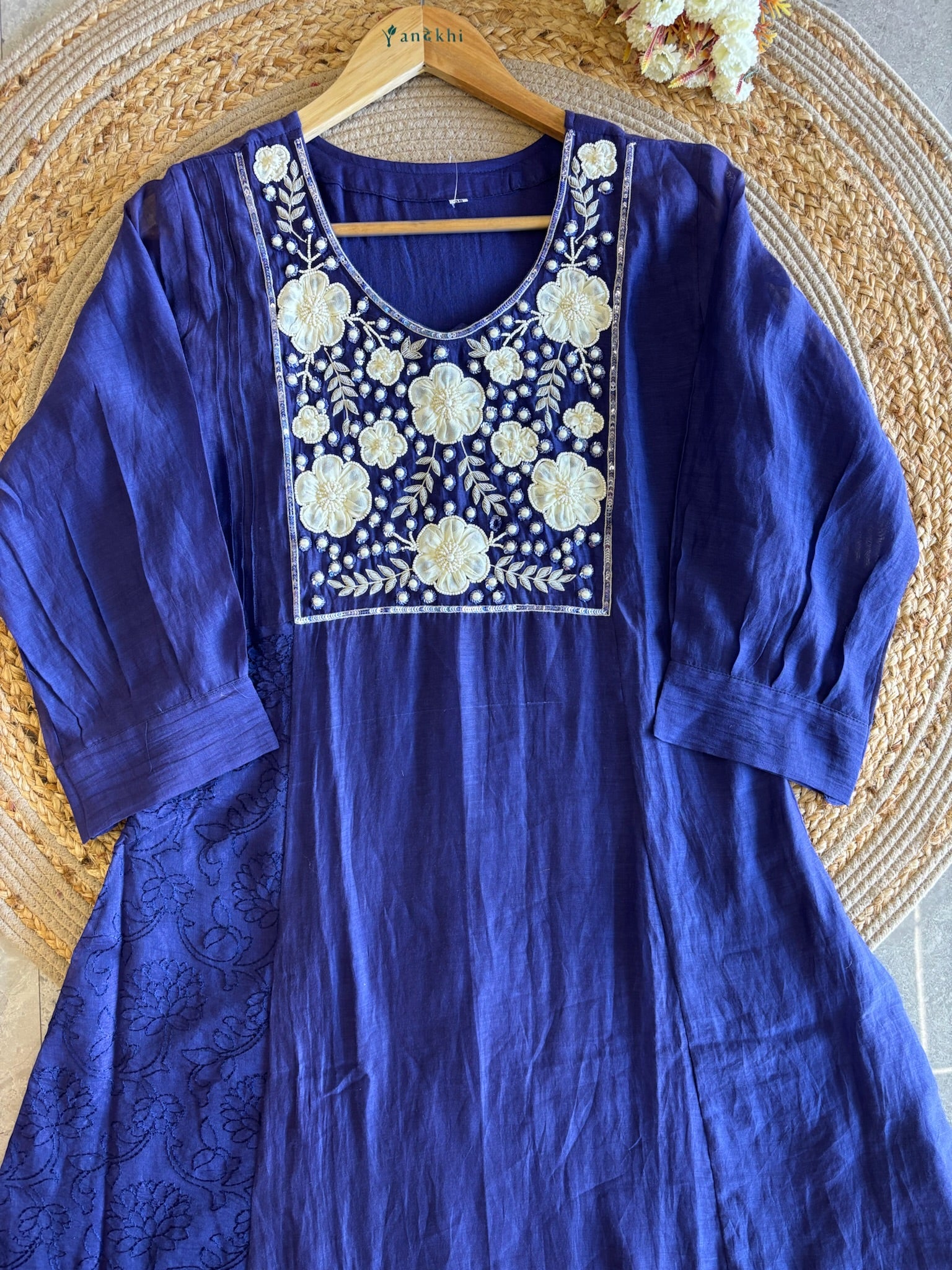 A2730- Mul Chanderi Suit with Heavily Embroidered Yoke, 3D Floral Applique & Pearl Detailing, with Designer Embroidered Pants & Organza Dupatta.