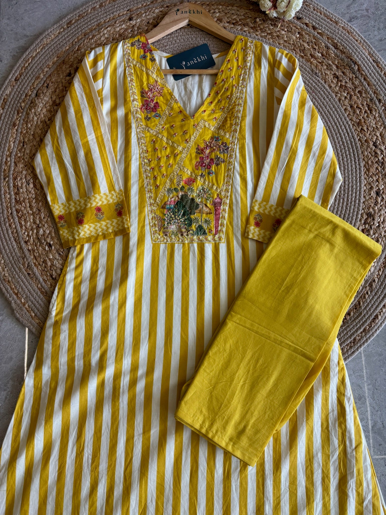 A4048- Pure Cotton A-Line Suit with Yoke Detailing delicate Embroidery, paired with Pants & a Vibrant Digital Printed Dupatta.