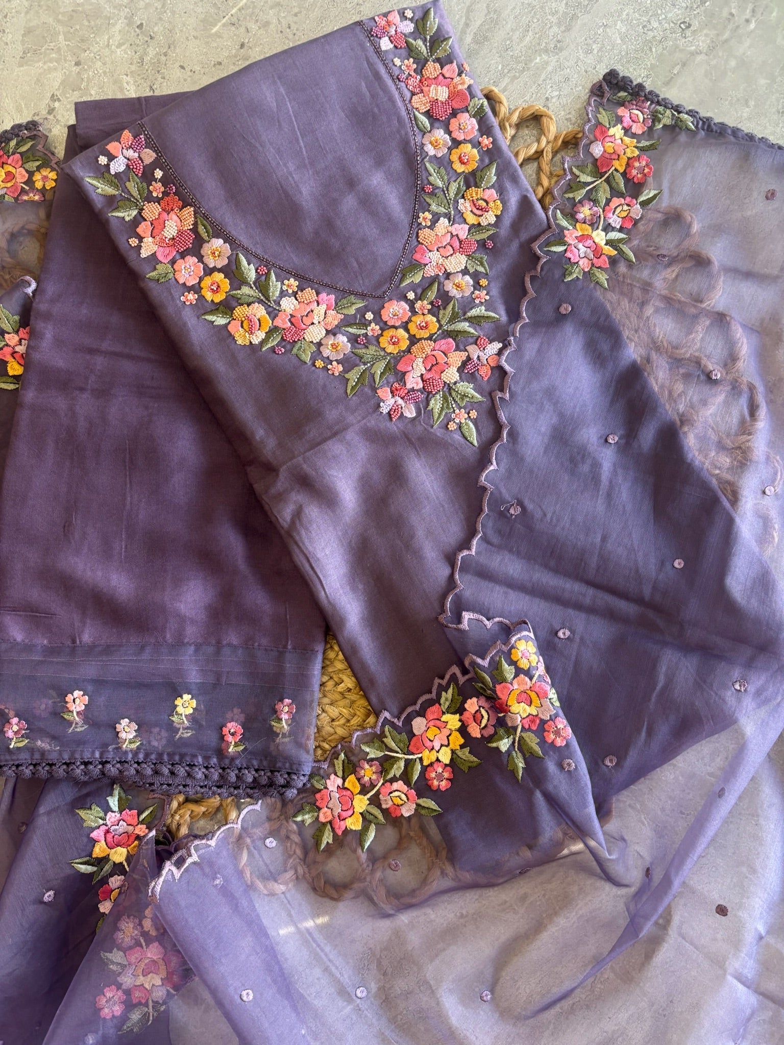 A1473 - Mul Cotton Unstitched Suit with 3D Floral Embroidery.