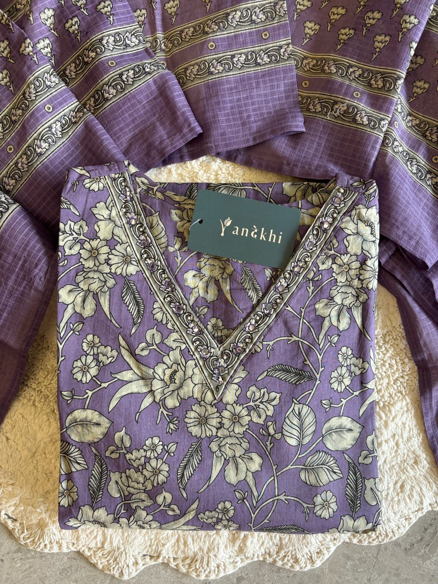 A4022- Pure Cotton Suit with Floral Prints, Paired Pants & Kota Doriya Dupatta.