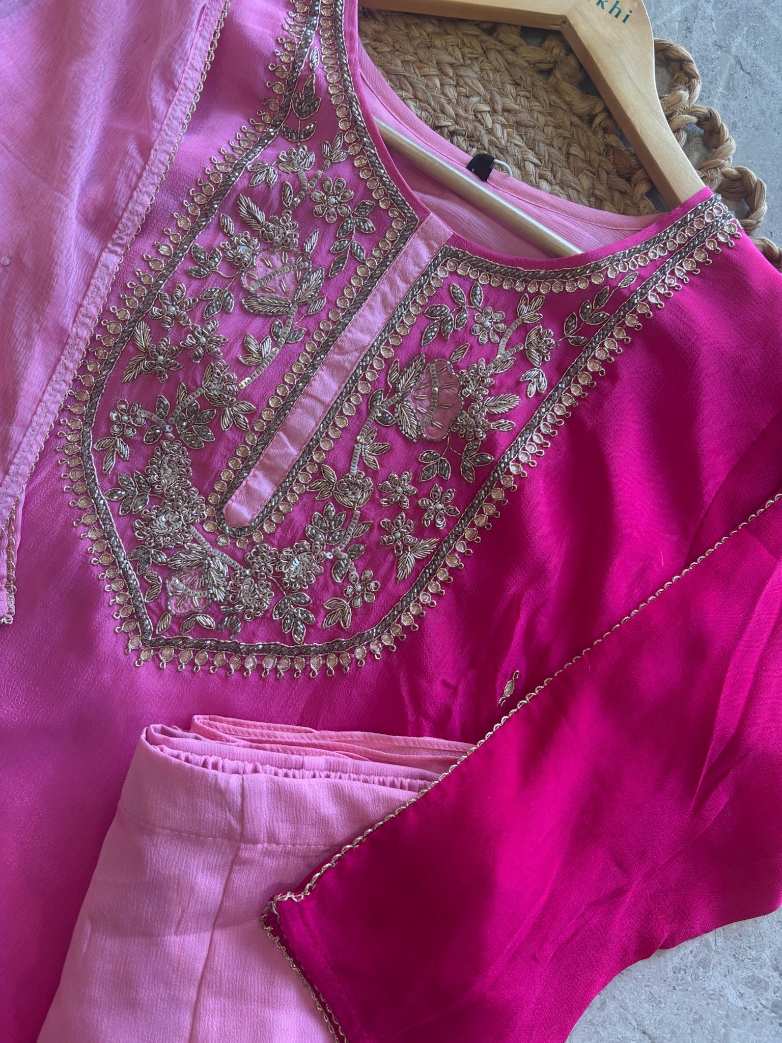 A1092 - Ombre Chinon Suit with Handwork Yoke Pants & Dupatta