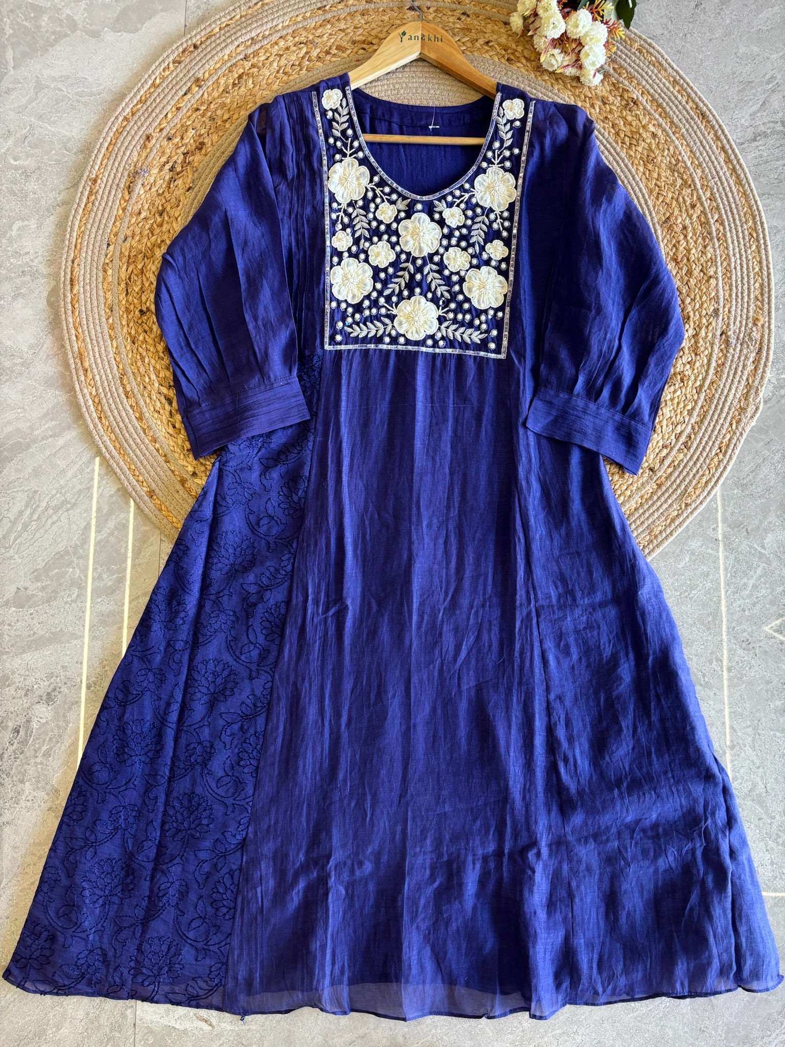 A2730- Mul Chanderi Suit with Heavily Embroidered Yoke, 3D Floral Applique & Pearl Detailing, with Designer Embroidered Pants & Organza Dupatta.