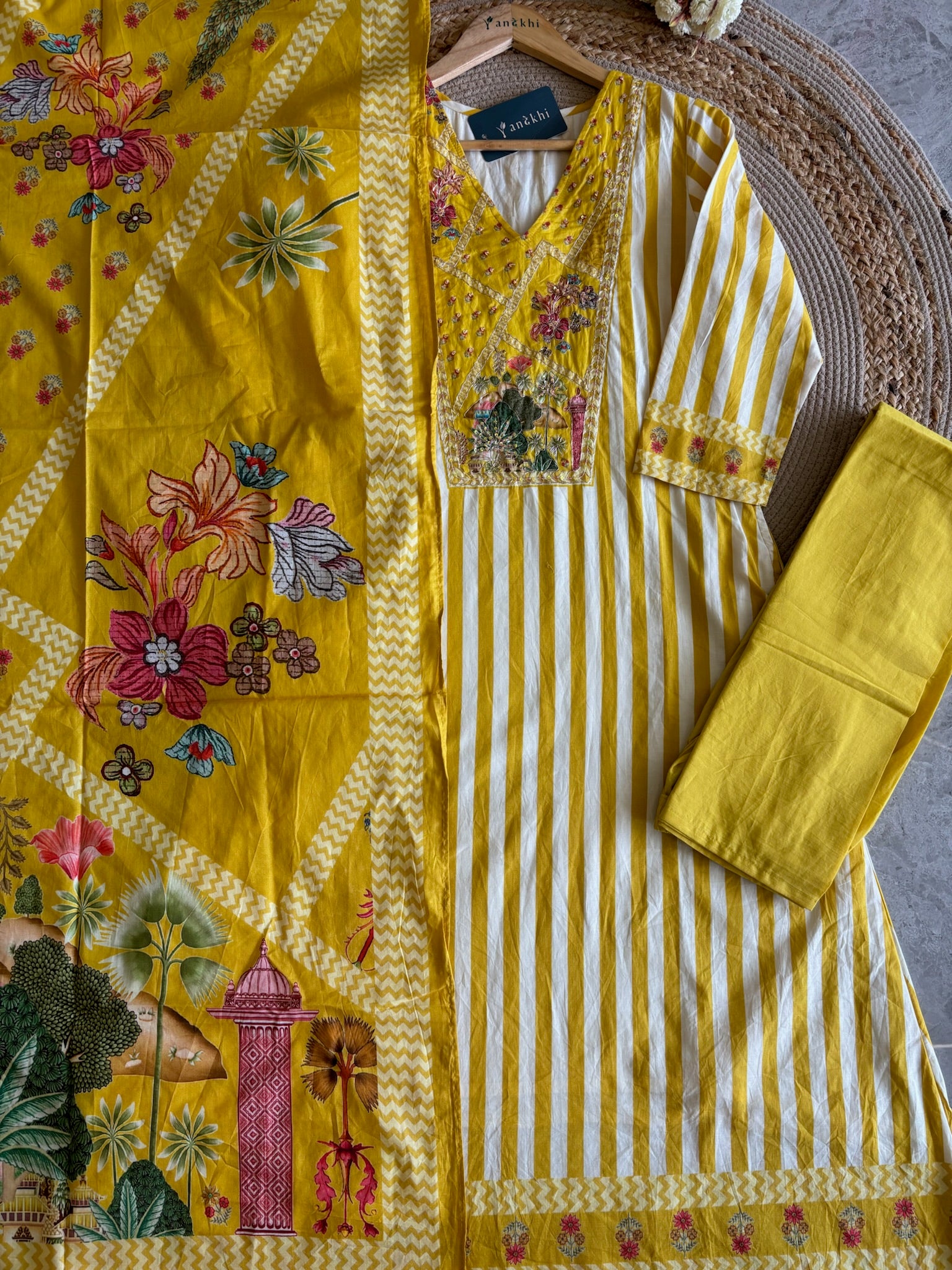 A4048- Pure Cotton A-Line Suit with Yoke Detailing delicate Embroidery, paired with Pants & a Vibrant Digital Printed Dupatta.